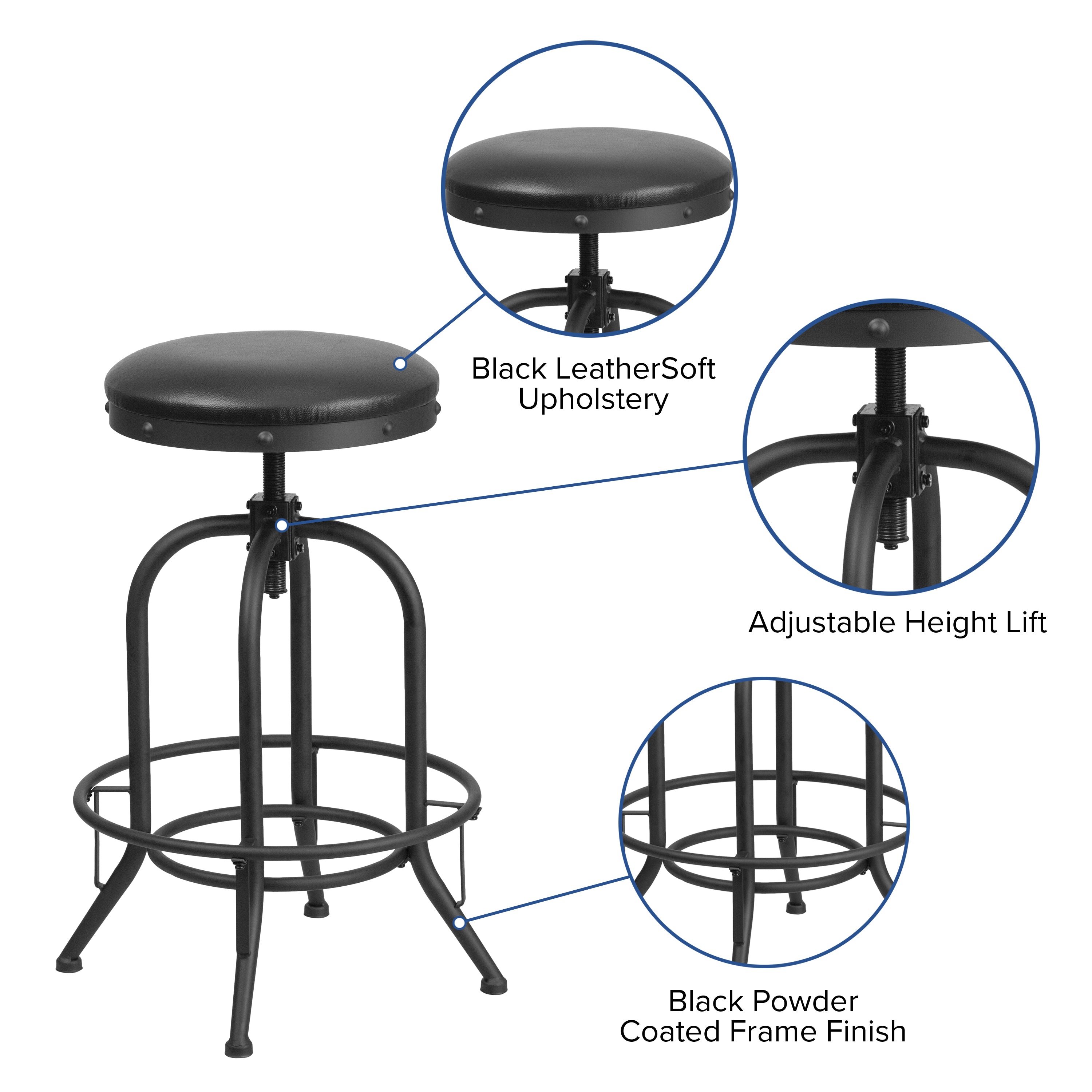 Carrington 30'' Barstool with Swivel Lift Black LeatherSoft Seat