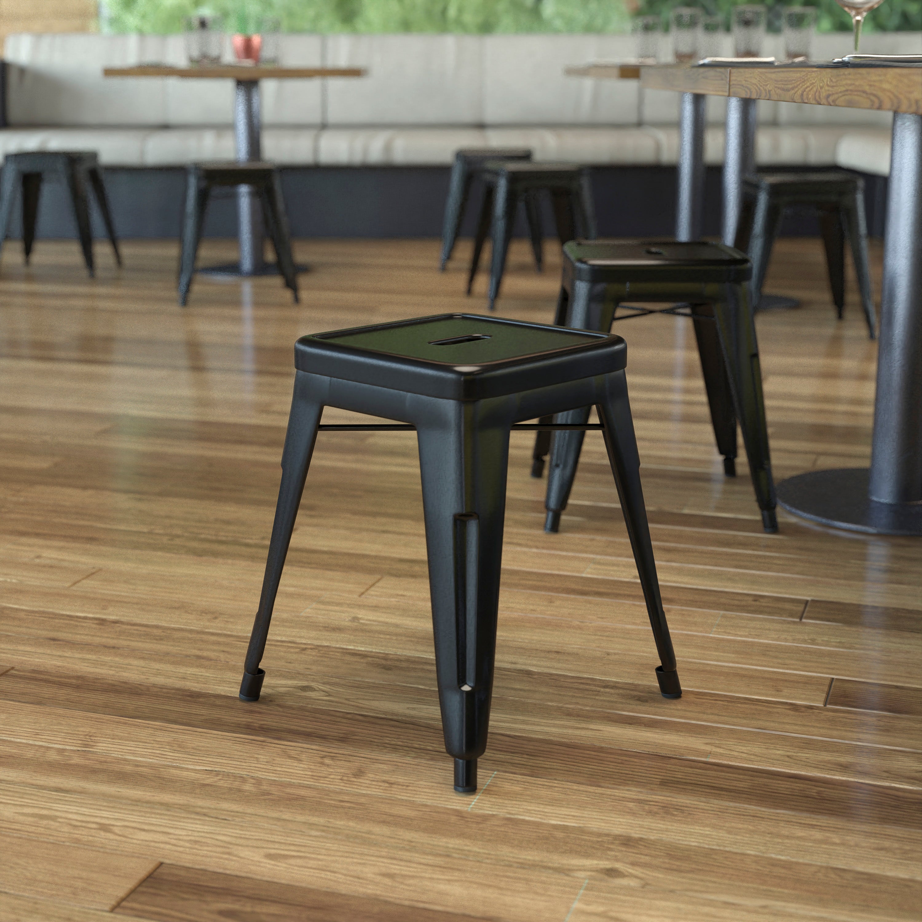 Kai 18" Table Height Stool, Stackable Backless Metal Indoor Dining Stool, Commercial Grade Restaurant Stool in Black - Set of 4