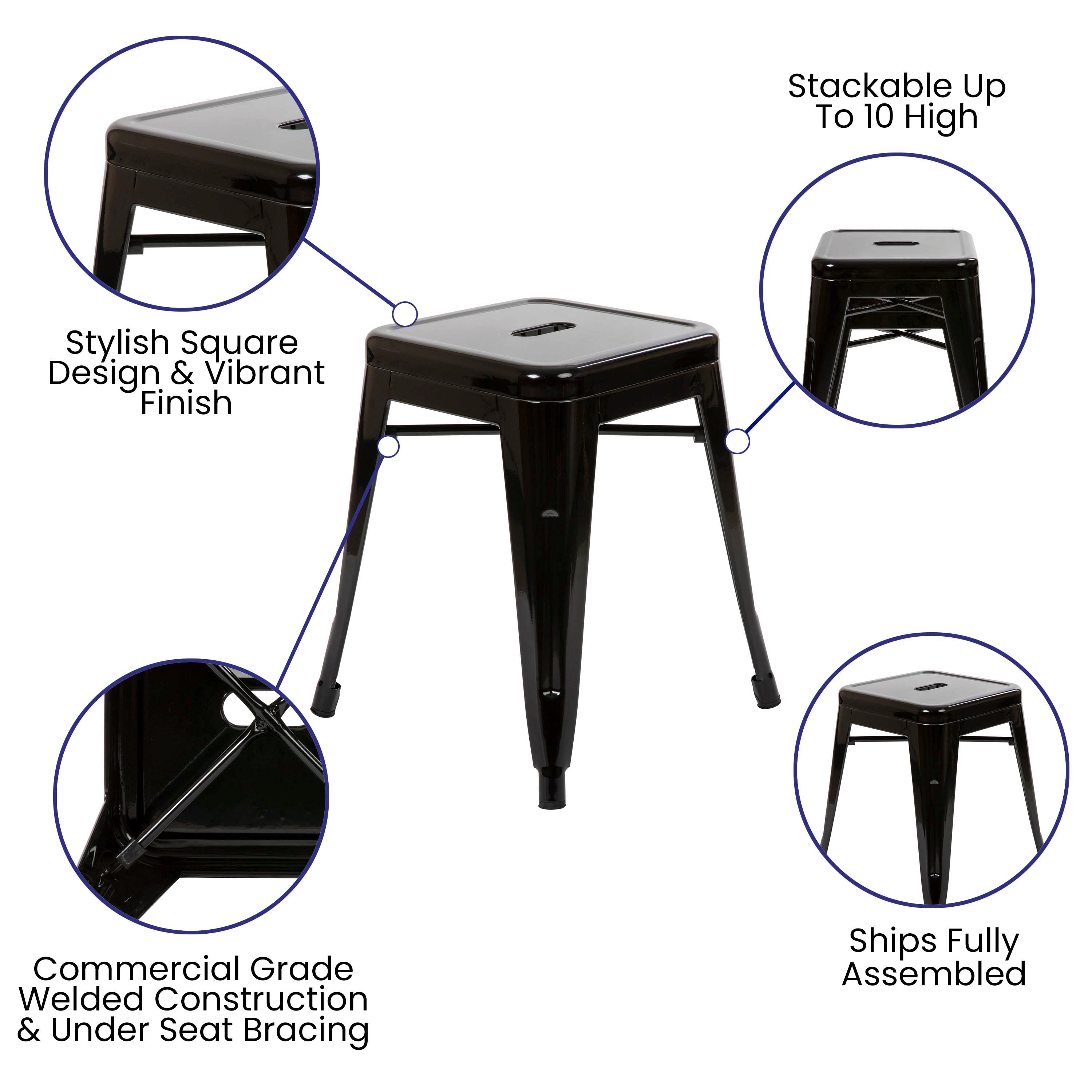 Kai 18" Table Height Stool, Stackable Backless Metal Indoor Dining Stool, Commercial Grade Restaurant Stool in Black - Set of 4