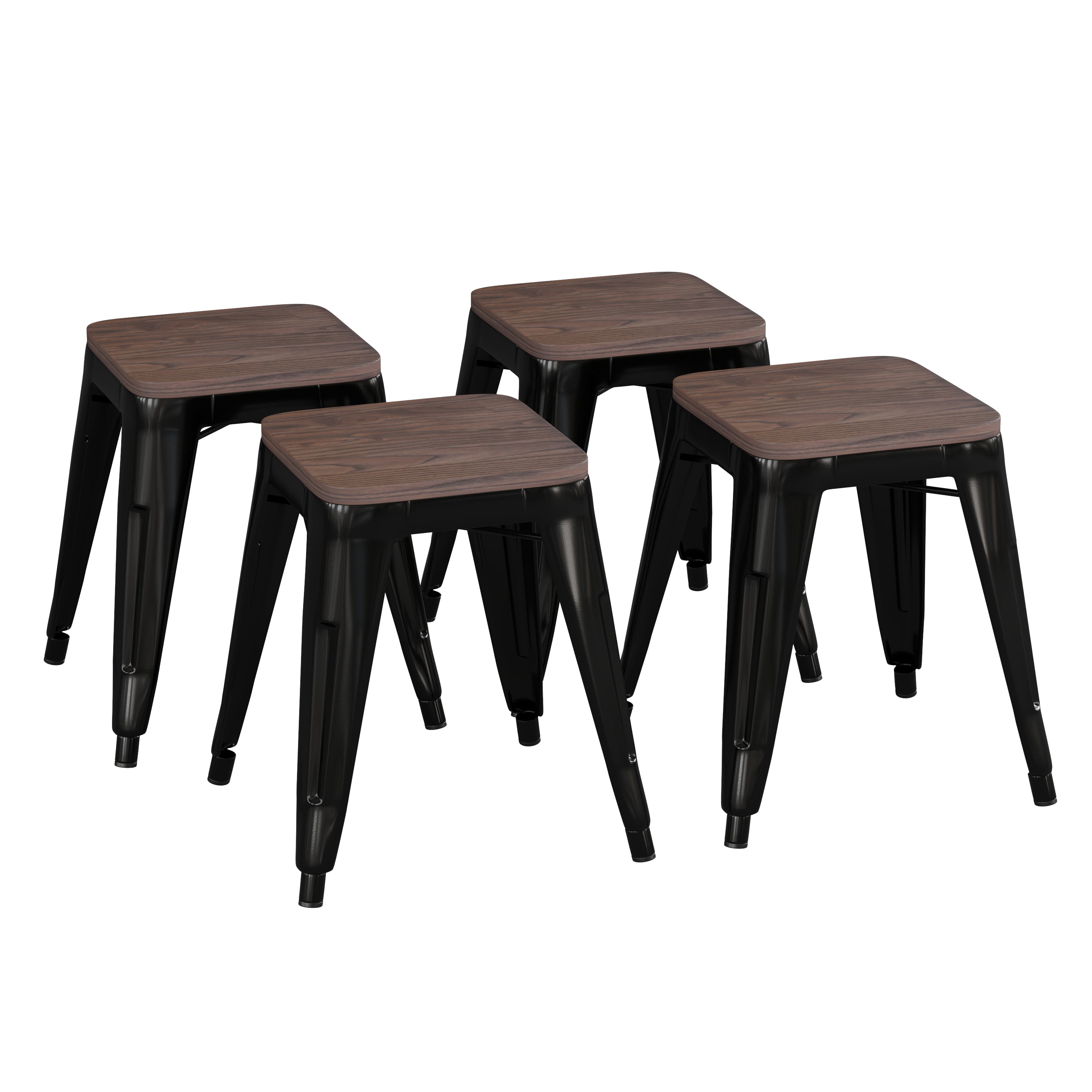 Kai 18" Backless Table Height Stool with Wooden Seat, Stackable Black Metal Indoor Dining Stool, Commercial Grade - Set of 4
