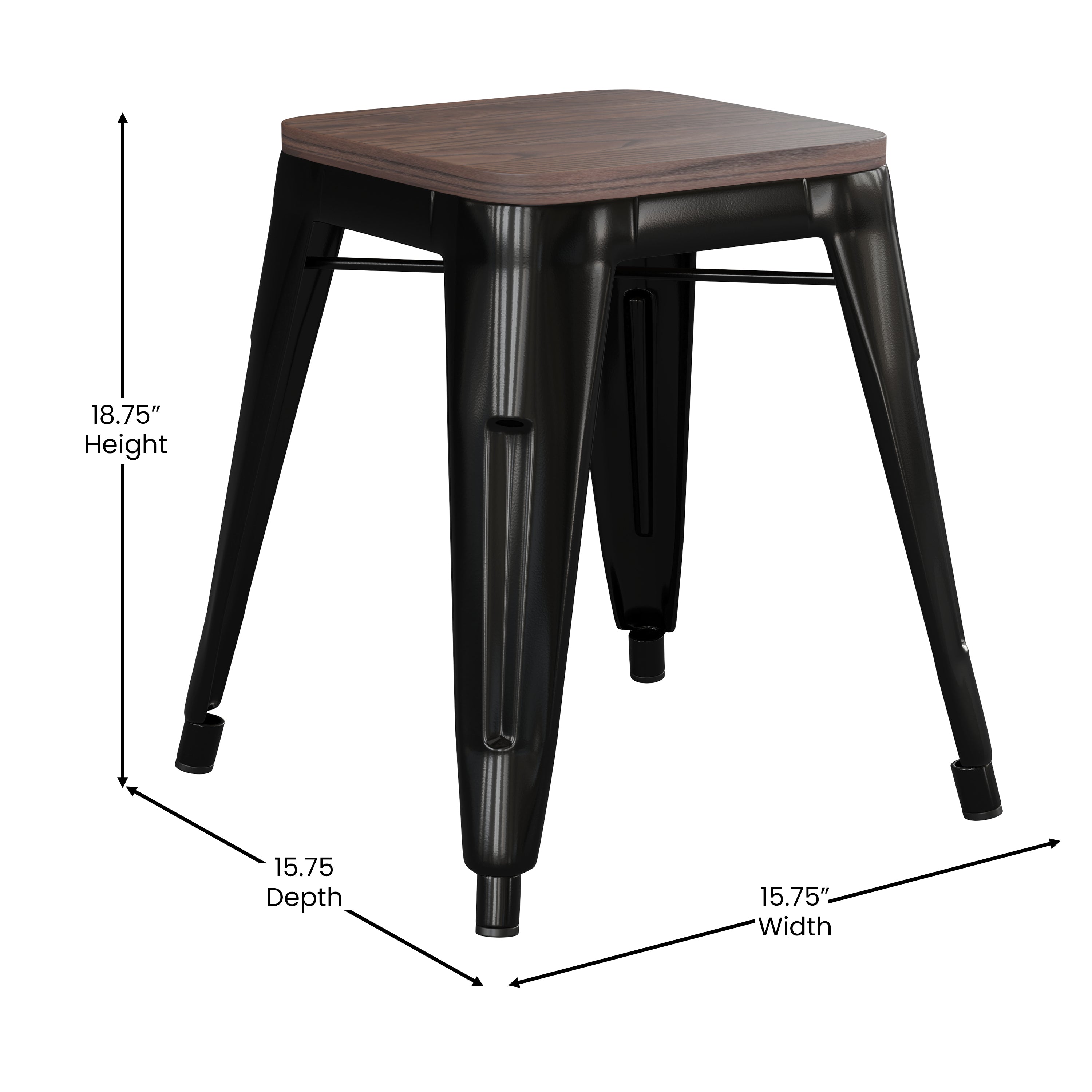 Kai 18" Backless Table Height Stool with Wooden Seat, Stackable Black Metal Indoor Dining Stool, Commercial Grade - Set of 4