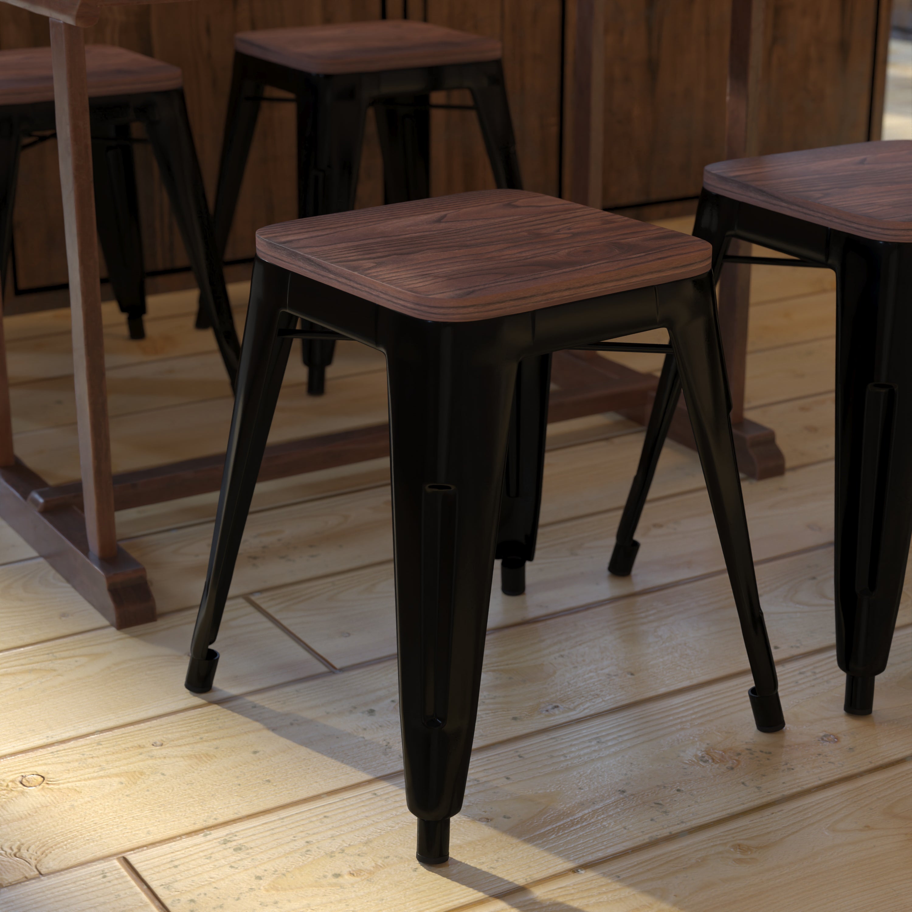 Kai 18" Backless Table Height Stool with Wooden Seat, Stackable Black Metal Indoor Dining Stool, Commercial Grade - Set of 4
