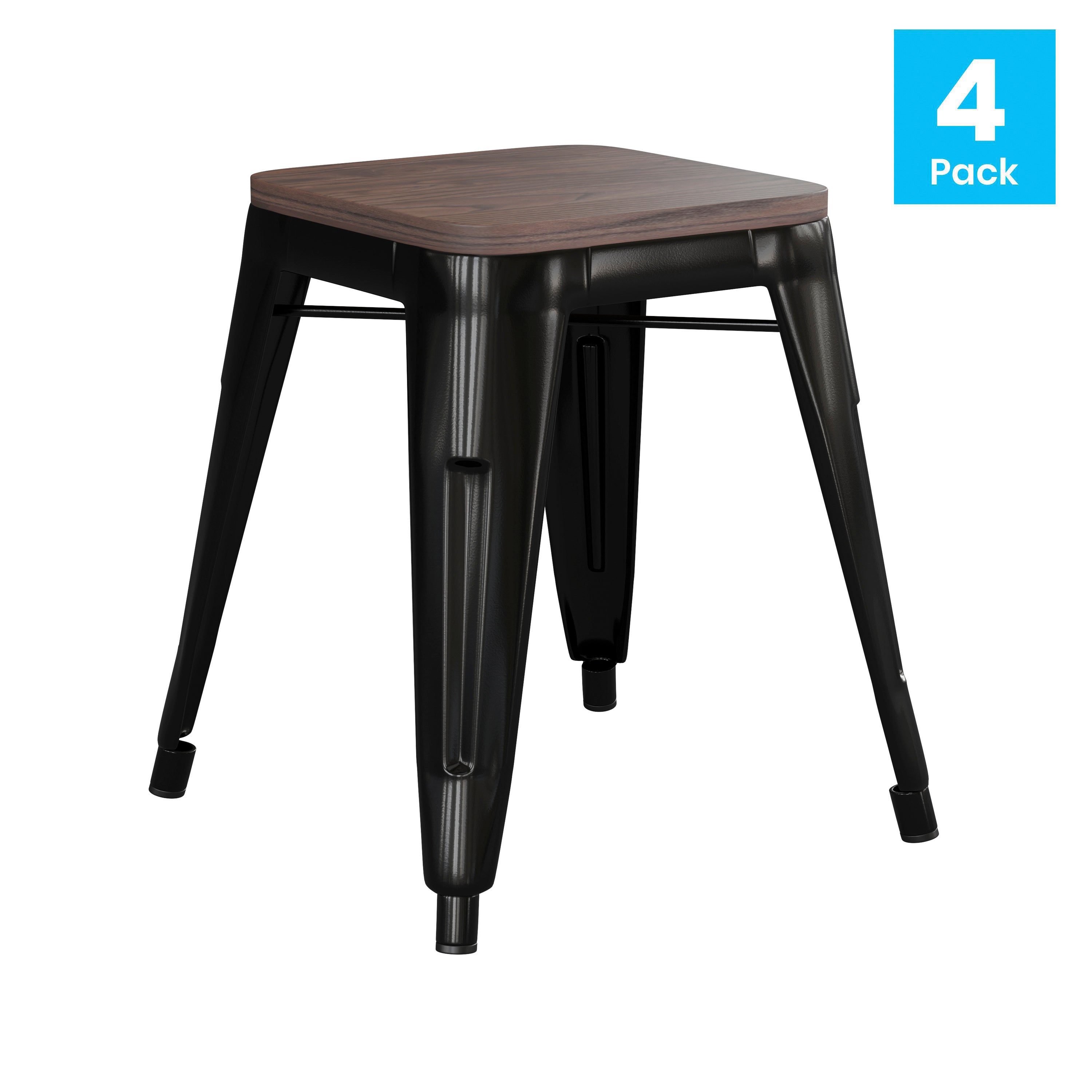 Kai 18" Backless Table Height Stool with Wooden Seat, Stackable Black Metal Indoor Dining Stool, Commercial Grade - Set of 4
