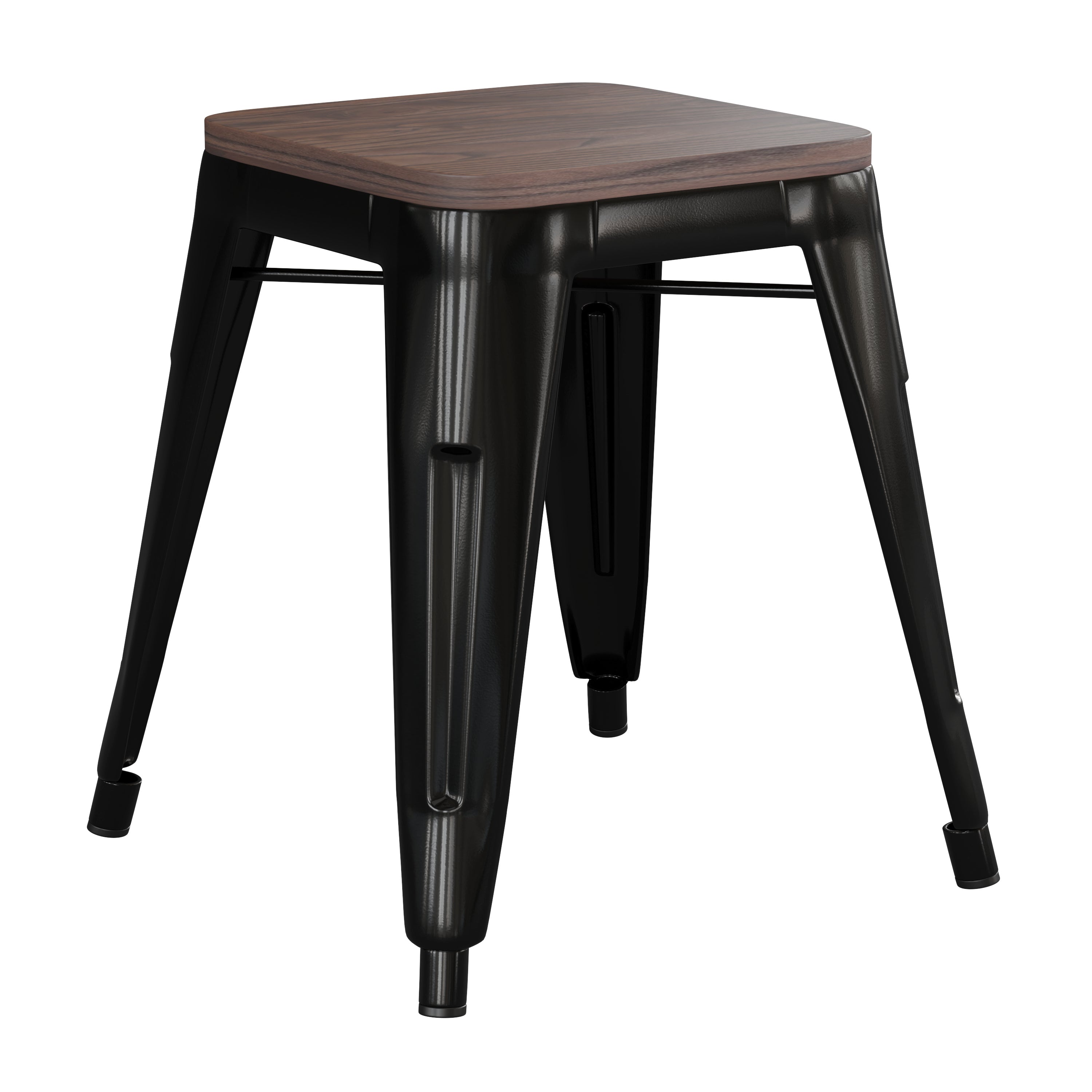 Kai 18" Backless Table Height Stool with Wooden Seat, Stackable Black Metal Indoor Dining Stool, Commercial Grade - Set of 4