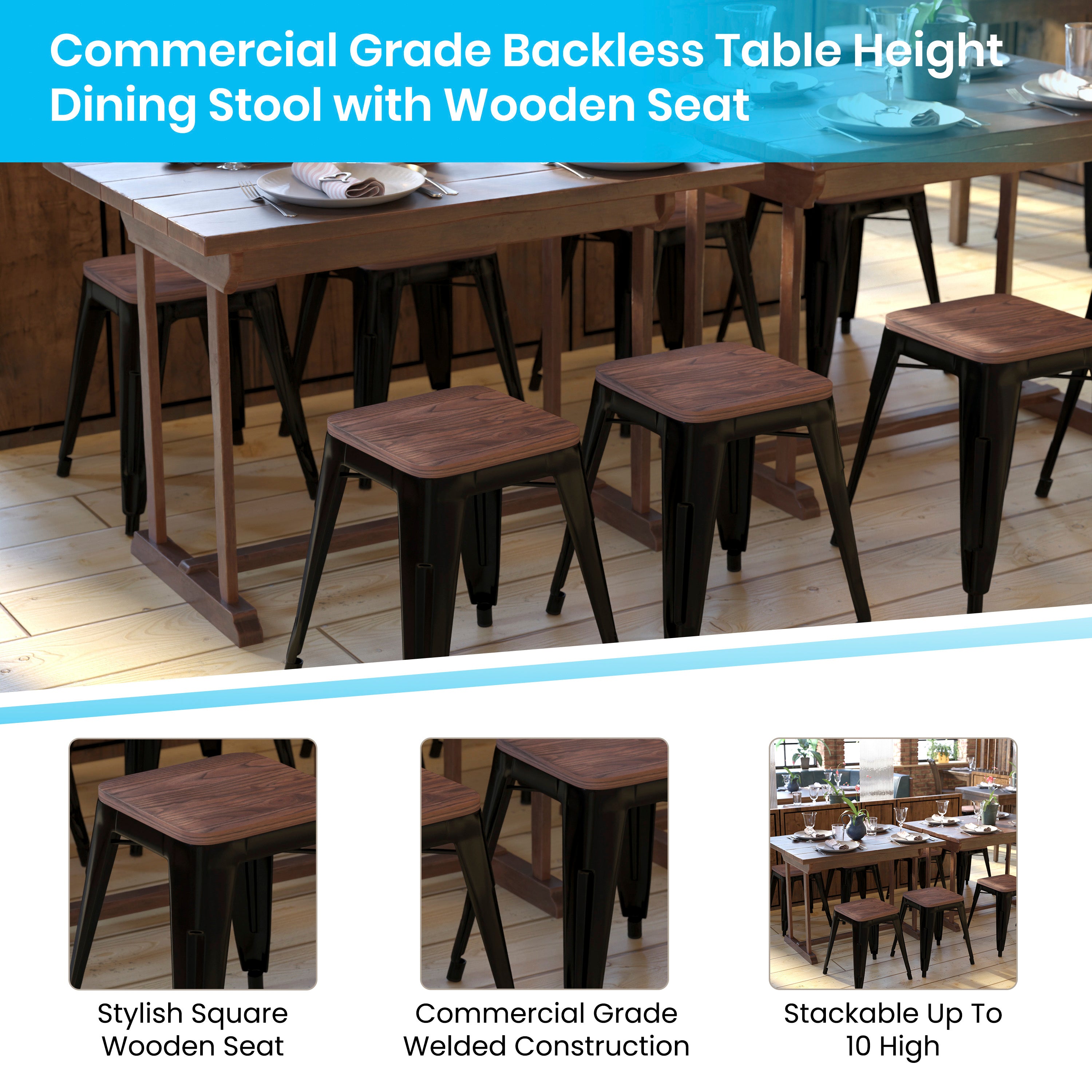 Kai 18" Backless Table Height Stool with Wooden Seat, Stackable Black Metal Indoor Dining Stool, Commercial Grade - Set of 4
