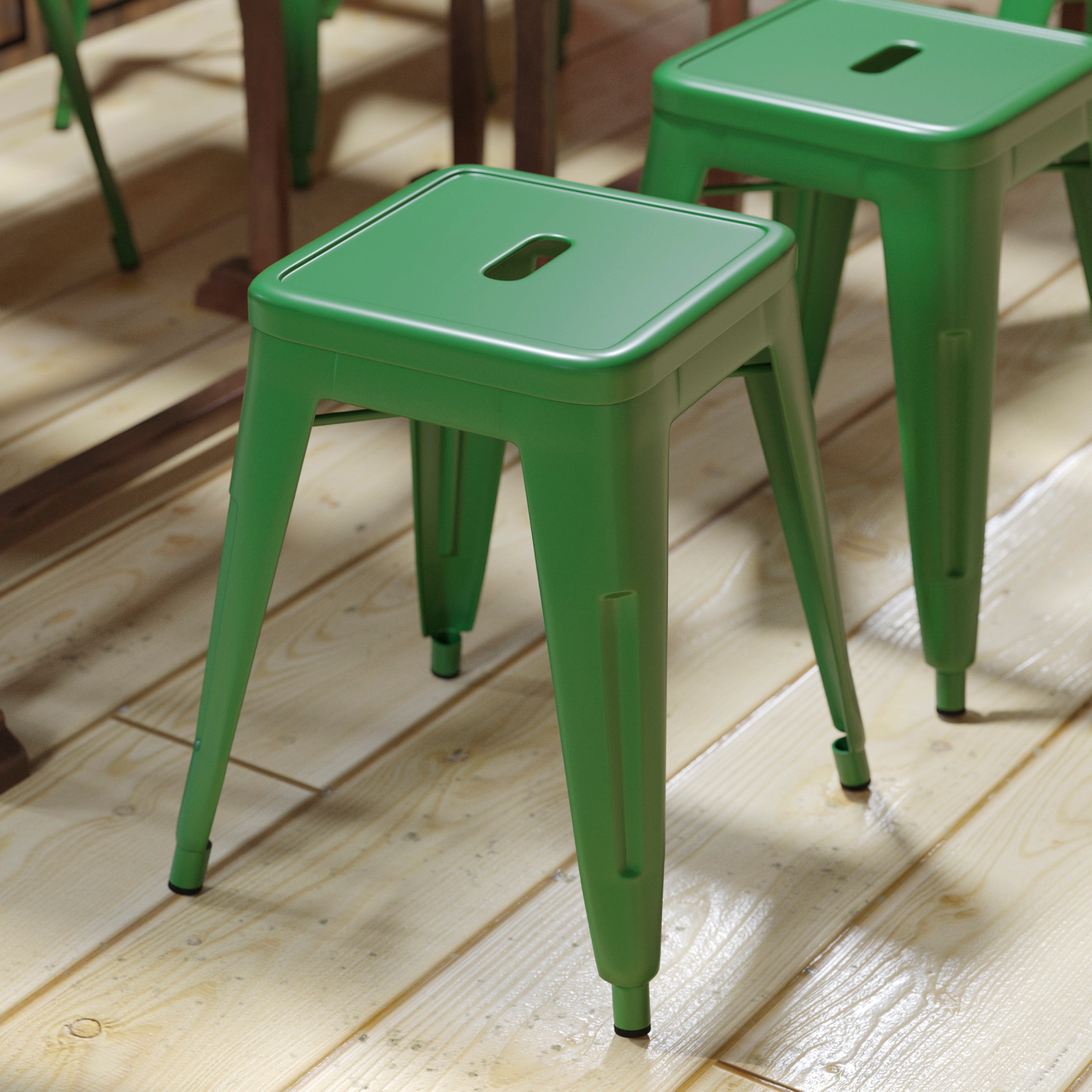 18" Table Height Stool, Stackable Backless Metal Indoor Dining Stool, Commercial Grade Restaurant Stool in Green - Set of 4