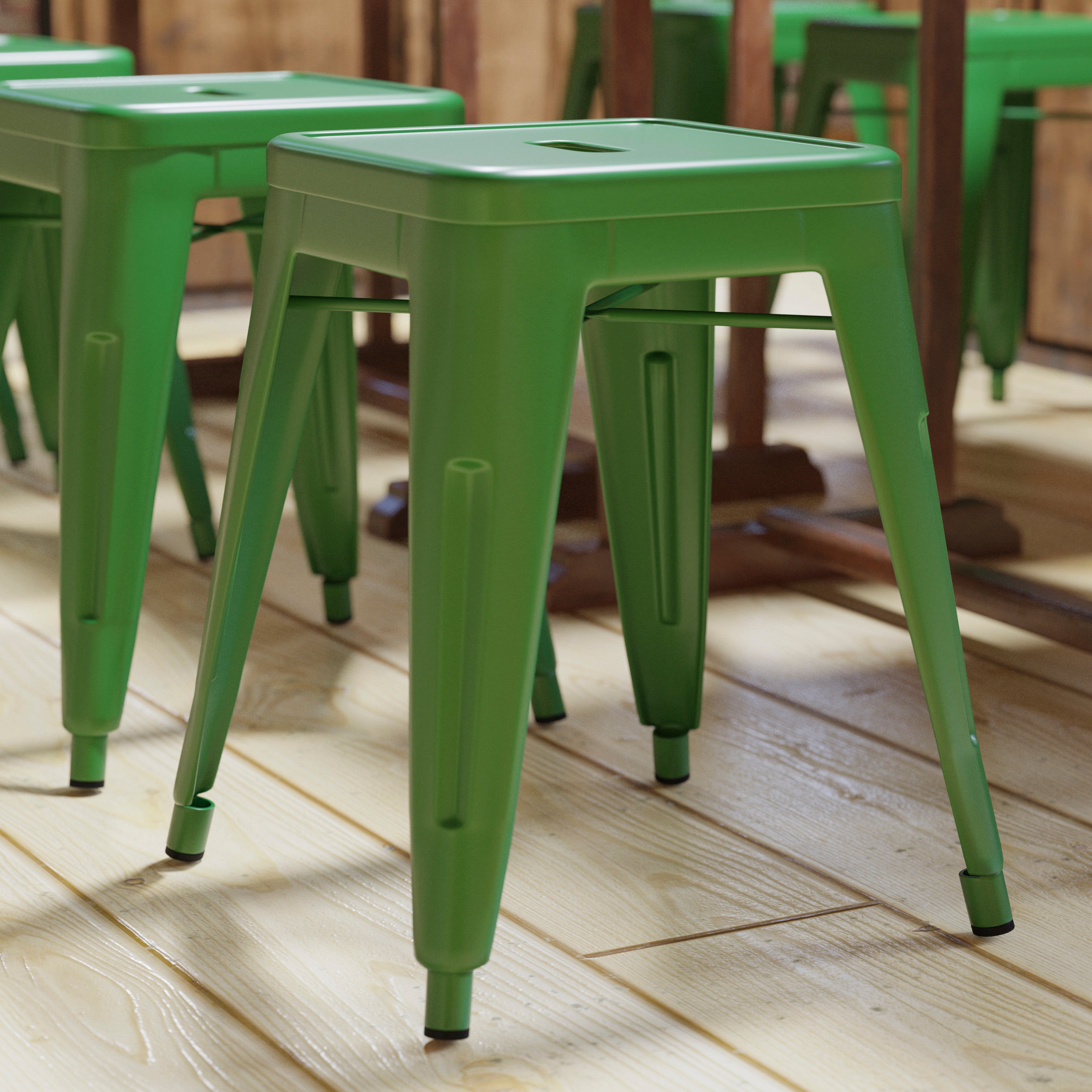 18" Table Height Stool, Stackable Backless Metal Indoor Dining Stool, Commercial Grade Restaurant Stool in Green - Set of 4