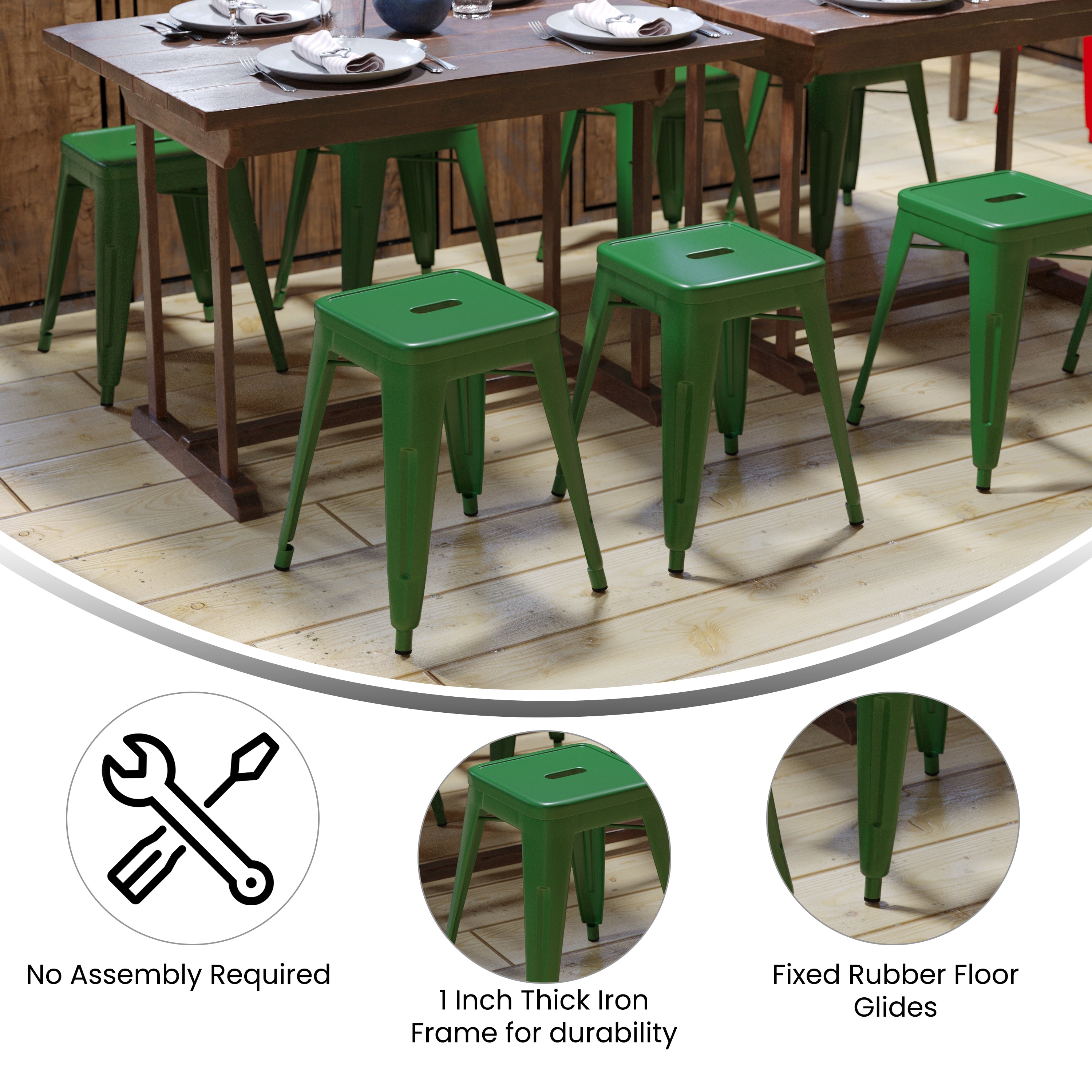 18" Table Height Stool, Stackable Backless Metal Indoor Dining Stool, Commercial Grade Restaurant Stool in Green - Set of 4