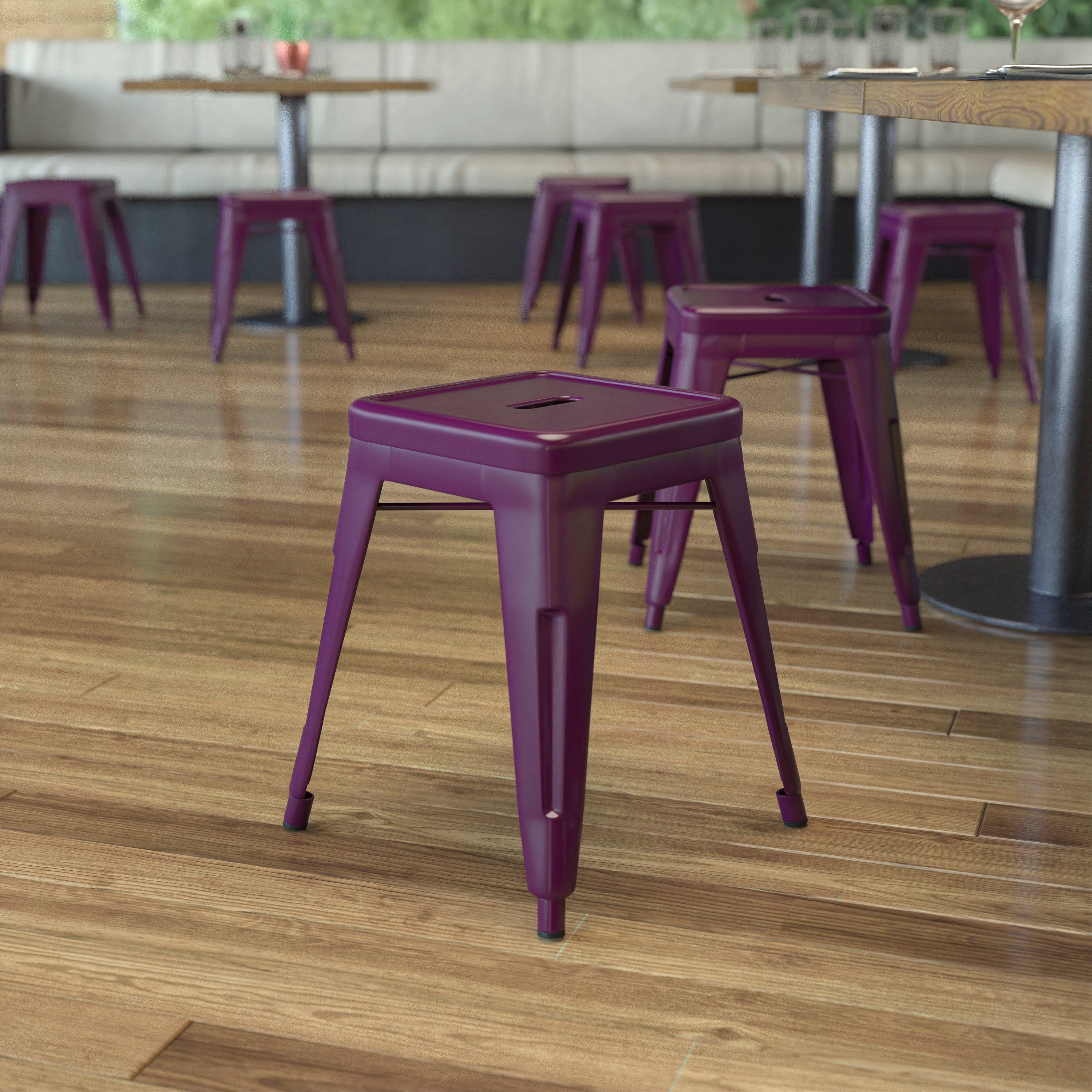 Kai 18" Table Height Stool, Stackable Backless Metal Indoor Dining Stool, Commercial Grade Restaurant Stool in Purple - Set of 4