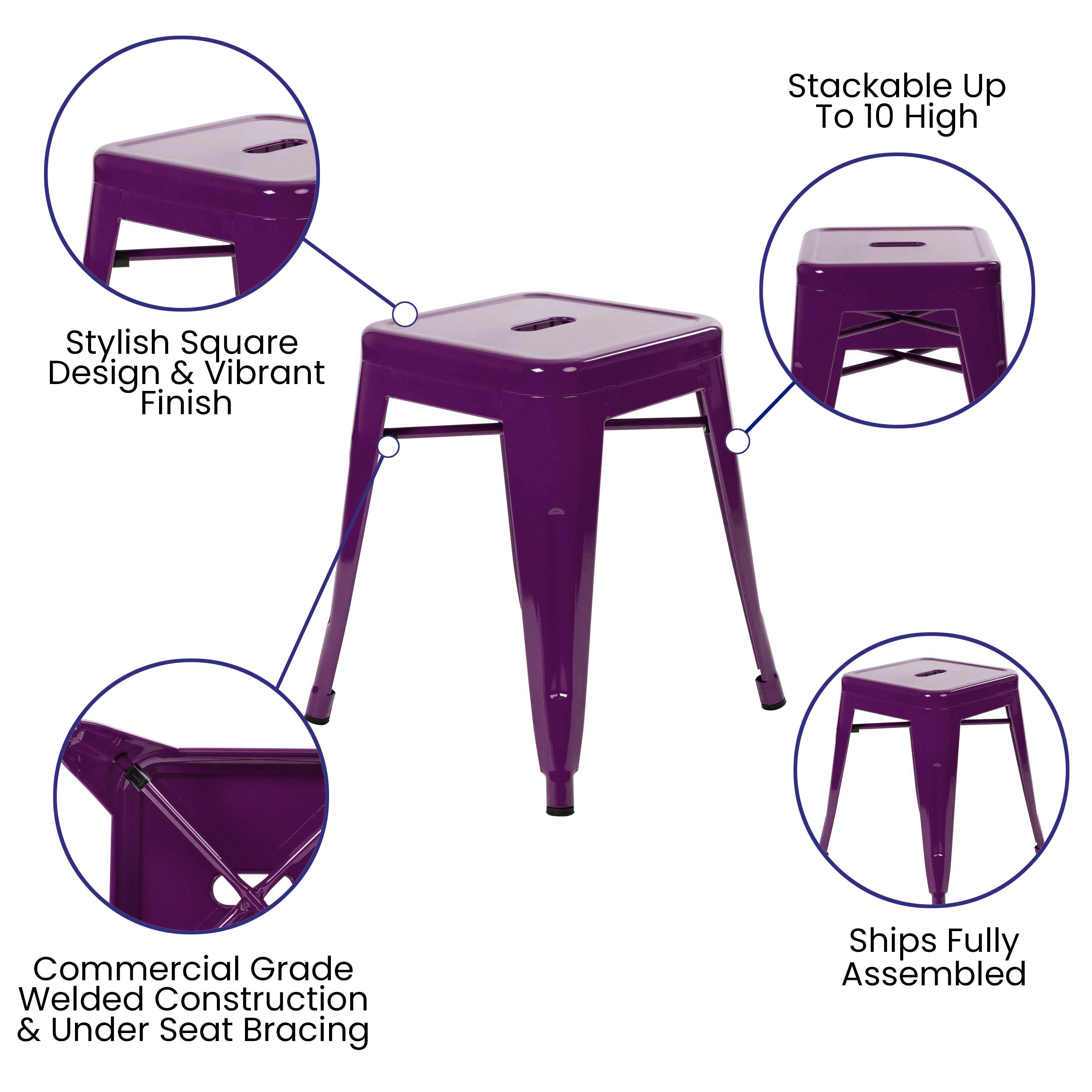 Kai 18" Table Height Stool, Stackable Backless Metal Indoor Dining Stool, Commercial Grade Restaurant Stool in Purple - Set of 4