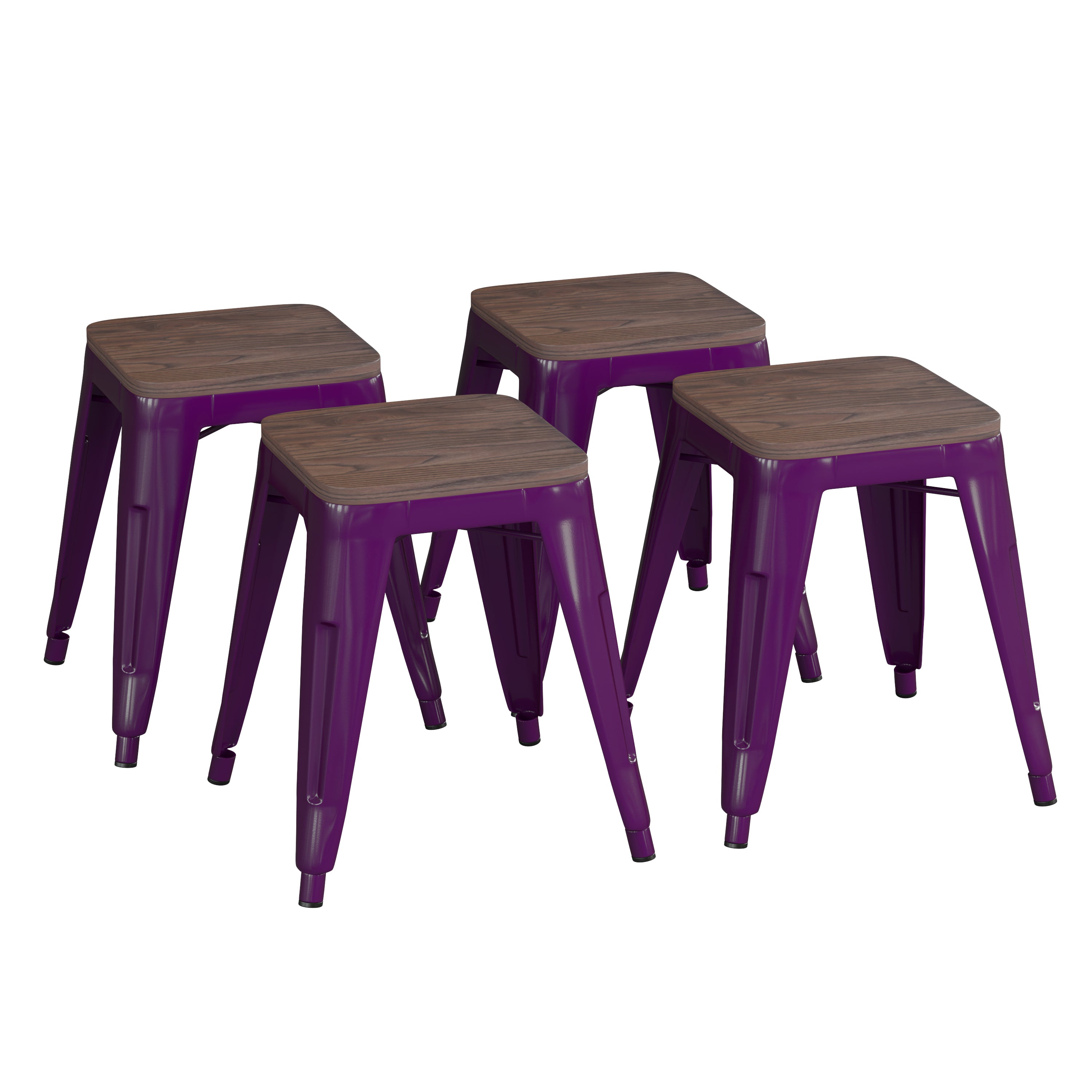Kai 18" Backless Table Height Stool with Wooden Seat, Stackable Purple Metal Indoor Dining Stool, Commercial Grade - Set of 4