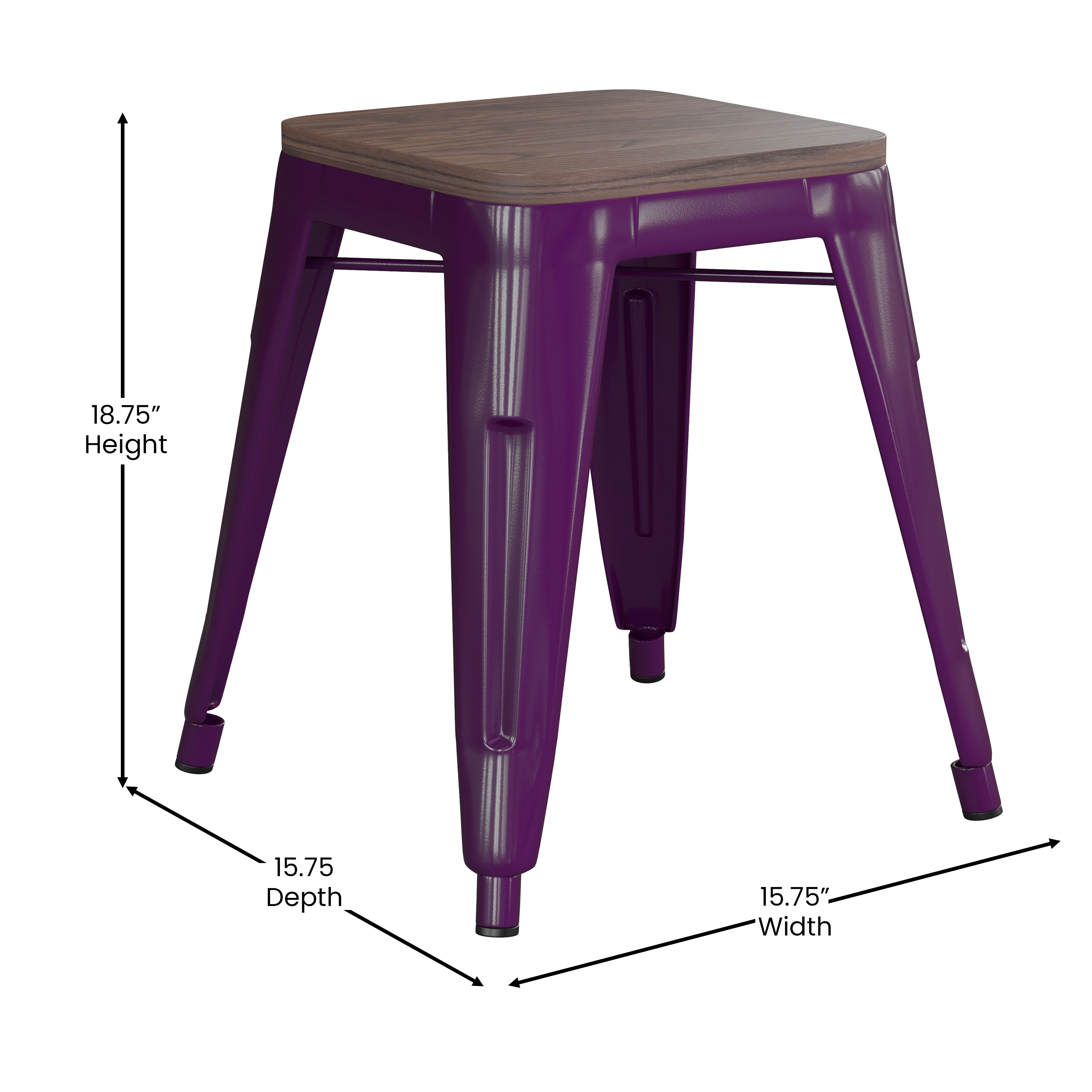 Kai 18" Backless Table Height Stool with Wooden Seat, Stackable Purple Metal Indoor Dining Stool, Commercial Grade - Set of 4