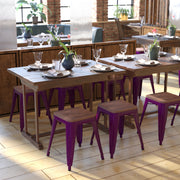 Kai 18" Backless Table Height Stool with Wooden Seat, Stackable Purple Metal Indoor Dining Stool, Commercial Grade - Set of 4