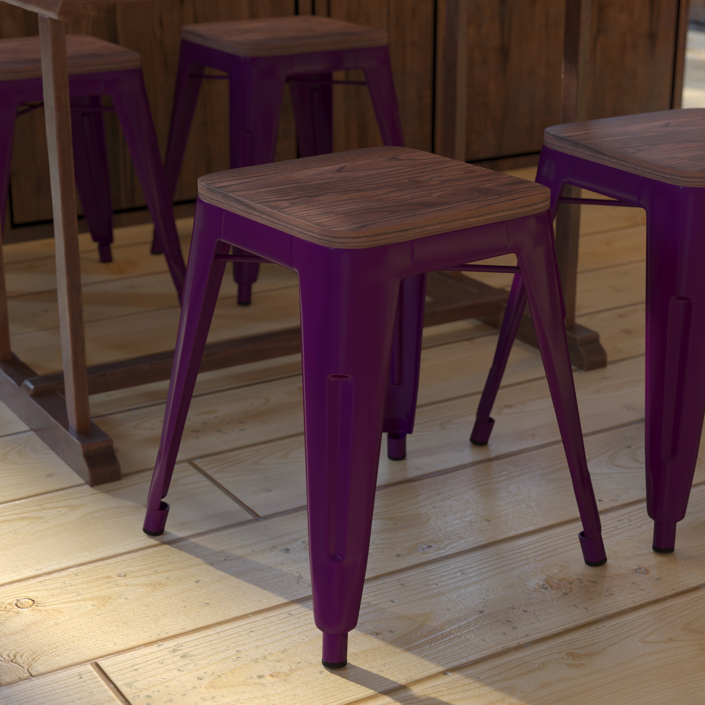 Kai 18" Backless Table Height Stool with Wooden Seat, Stackable Purple Metal Indoor Dining Stool, Commercial Grade - Set of 4