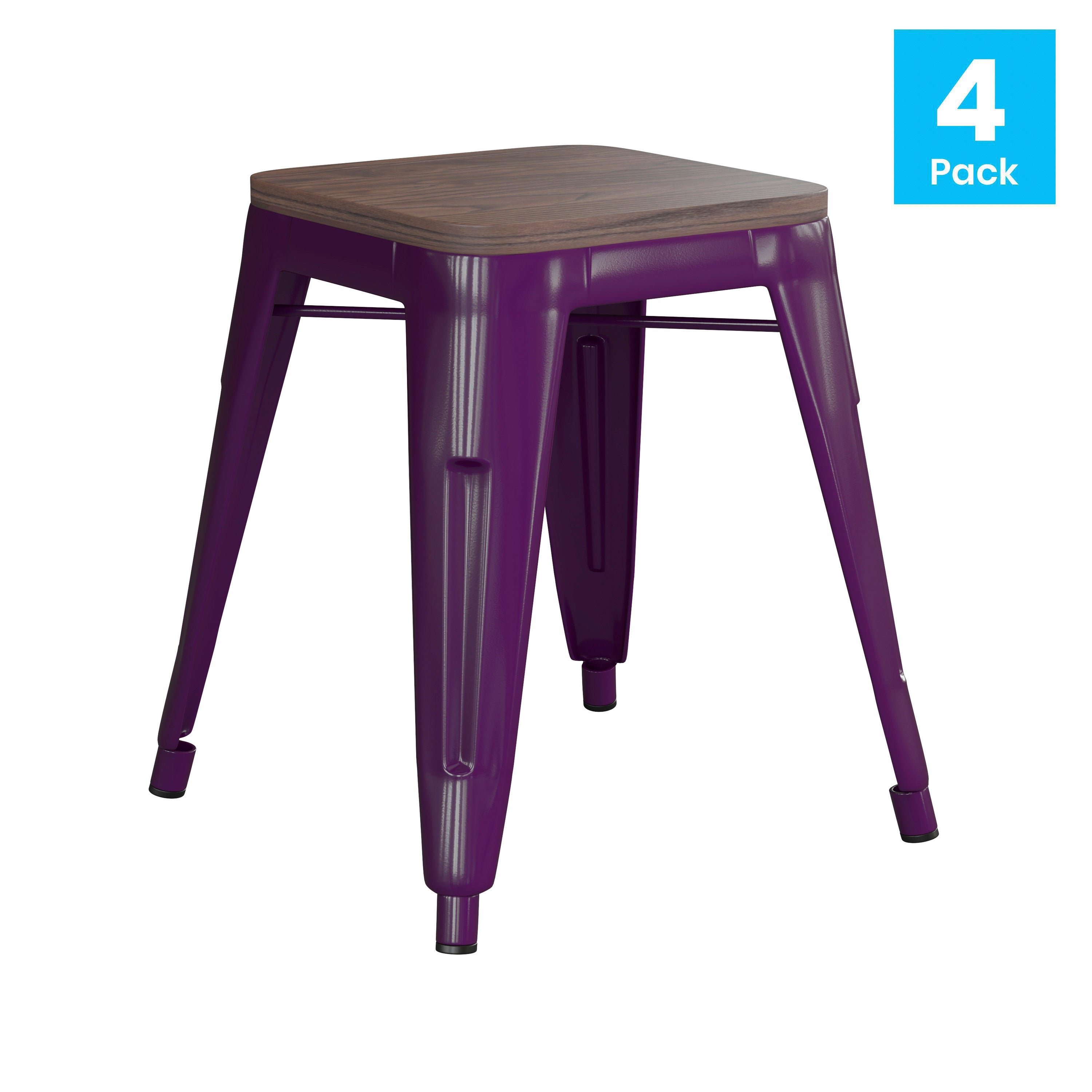 Kai 18" Backless Table Height Stool with Wooden Seat, Stackable Purple Metal Indoor Dining Stool, Commercial Grade - Set of 4