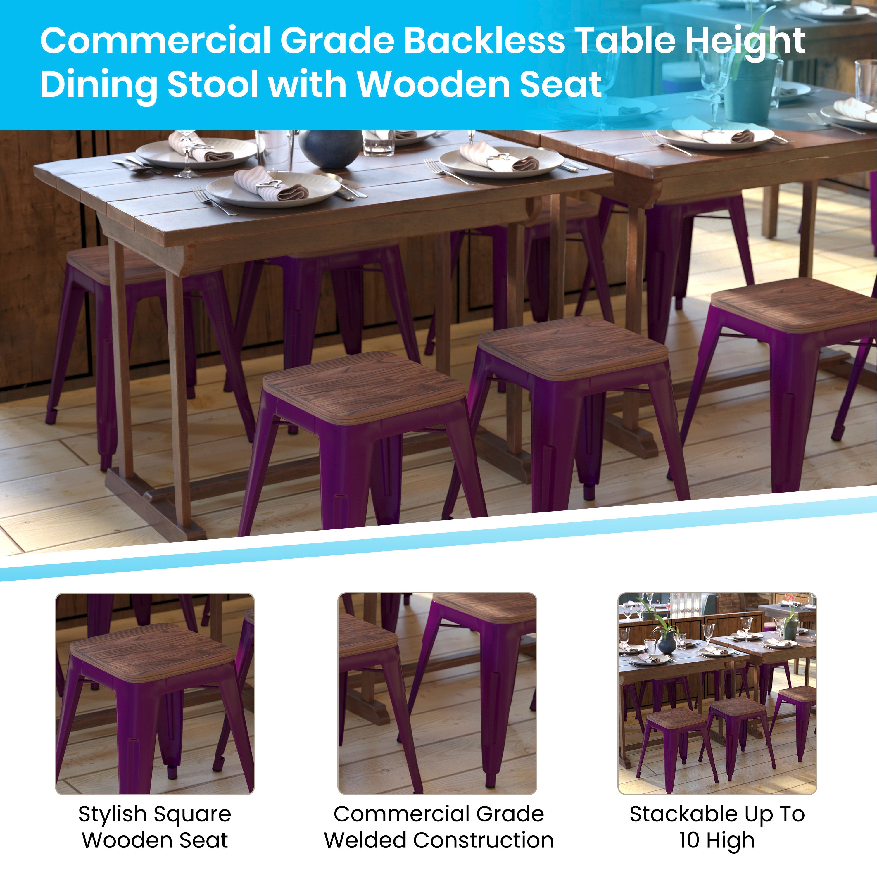 Kai 18" Backless Table Height Stool with Wooden Seat, Stackable Purple Metal Indoor Dining Stool, Commercial Grade - Set of 4