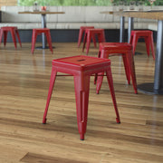 Kai 18" Table Height Stool, Stackable Backless Metal Indoor Dining Stool, Commercial Grade Restaurant Stool in Red - Set of 4