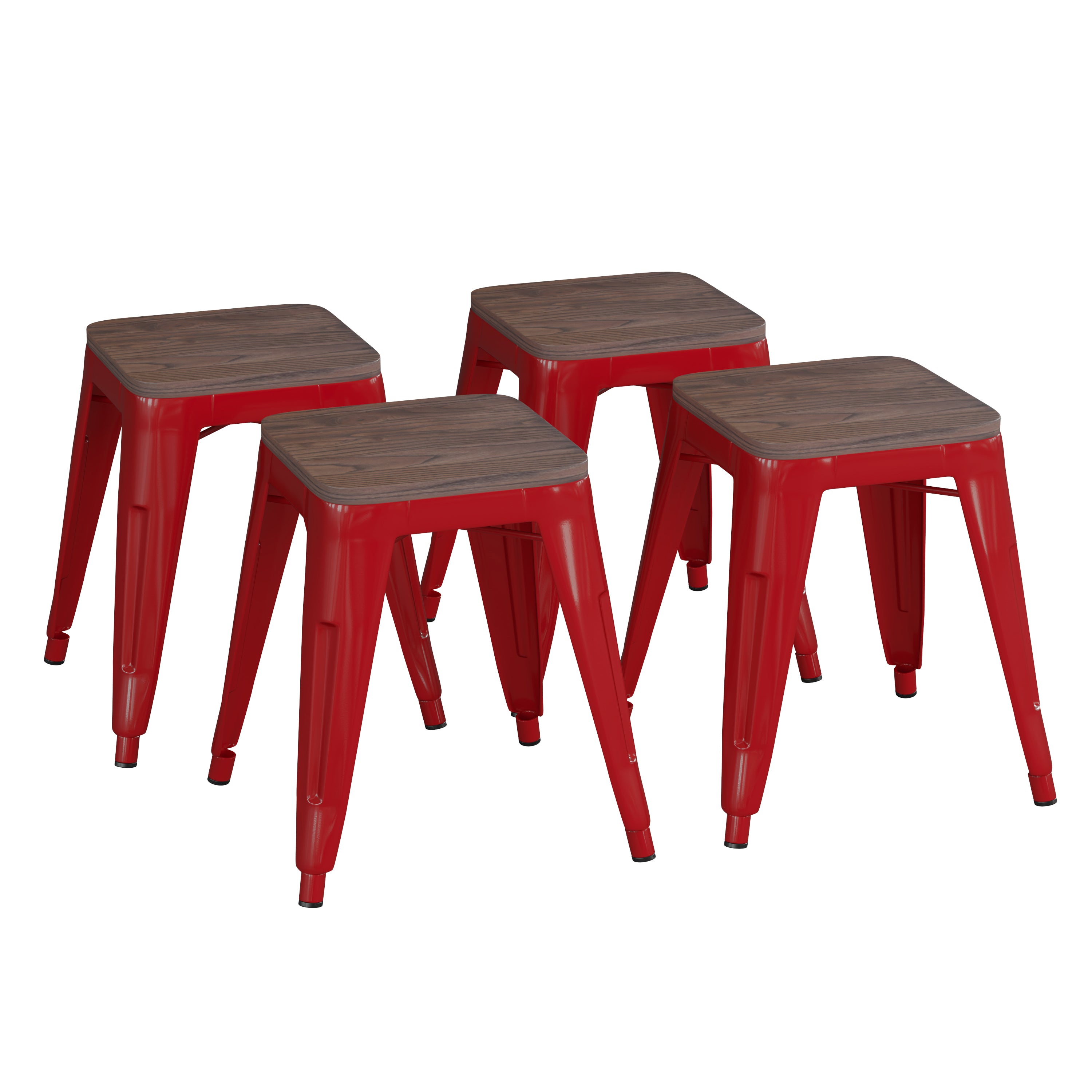 Kai 18" Backless Table Height Stool with Wooden Seat, Stackable Red Metal Indoor Dining Stool, Commercial Grade - Set of 4
