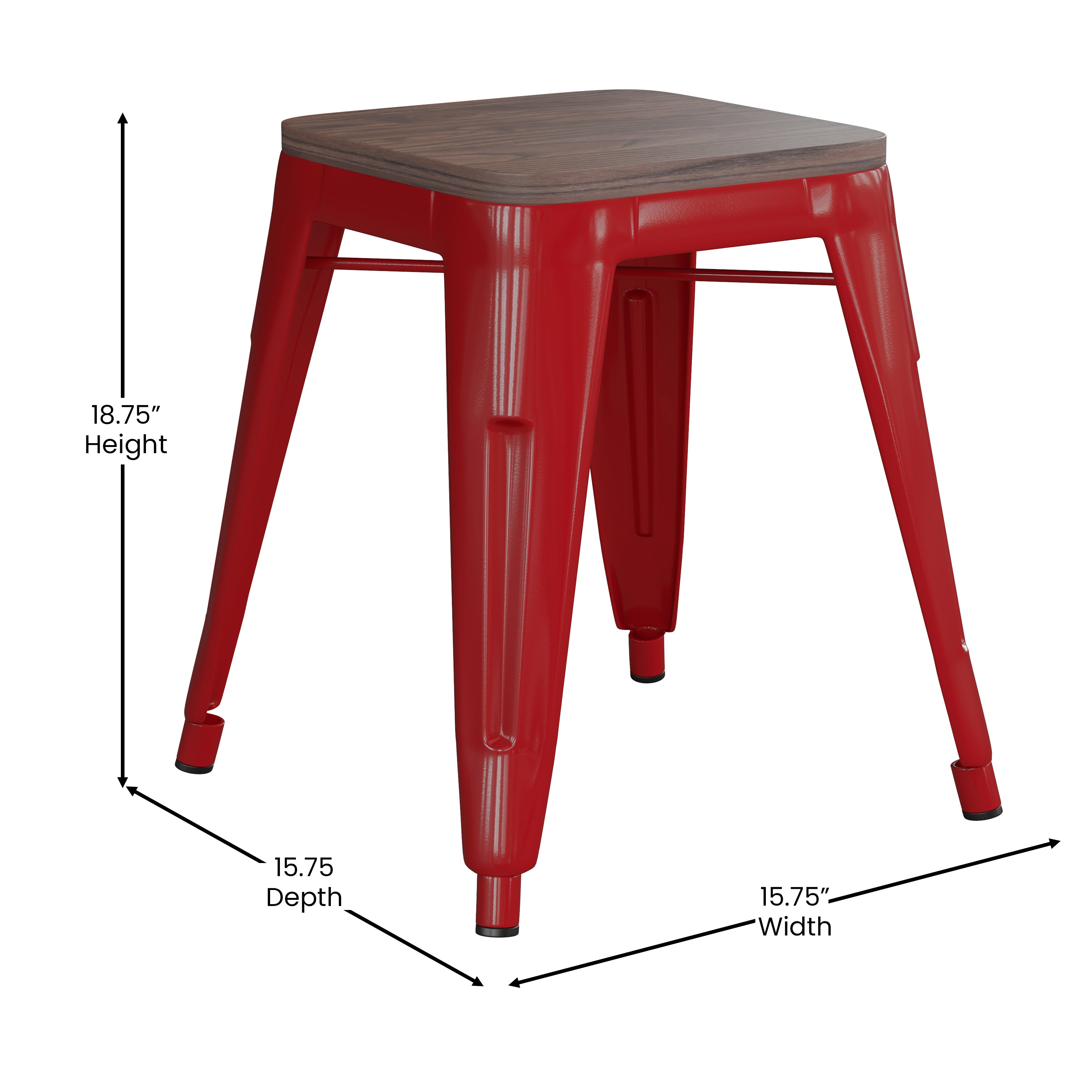 Kai 18" Backless Table Height Stool with Wooden Seat, Stackable Red Metal Indoor Dining Stool, Commercial Grade - Set of 4