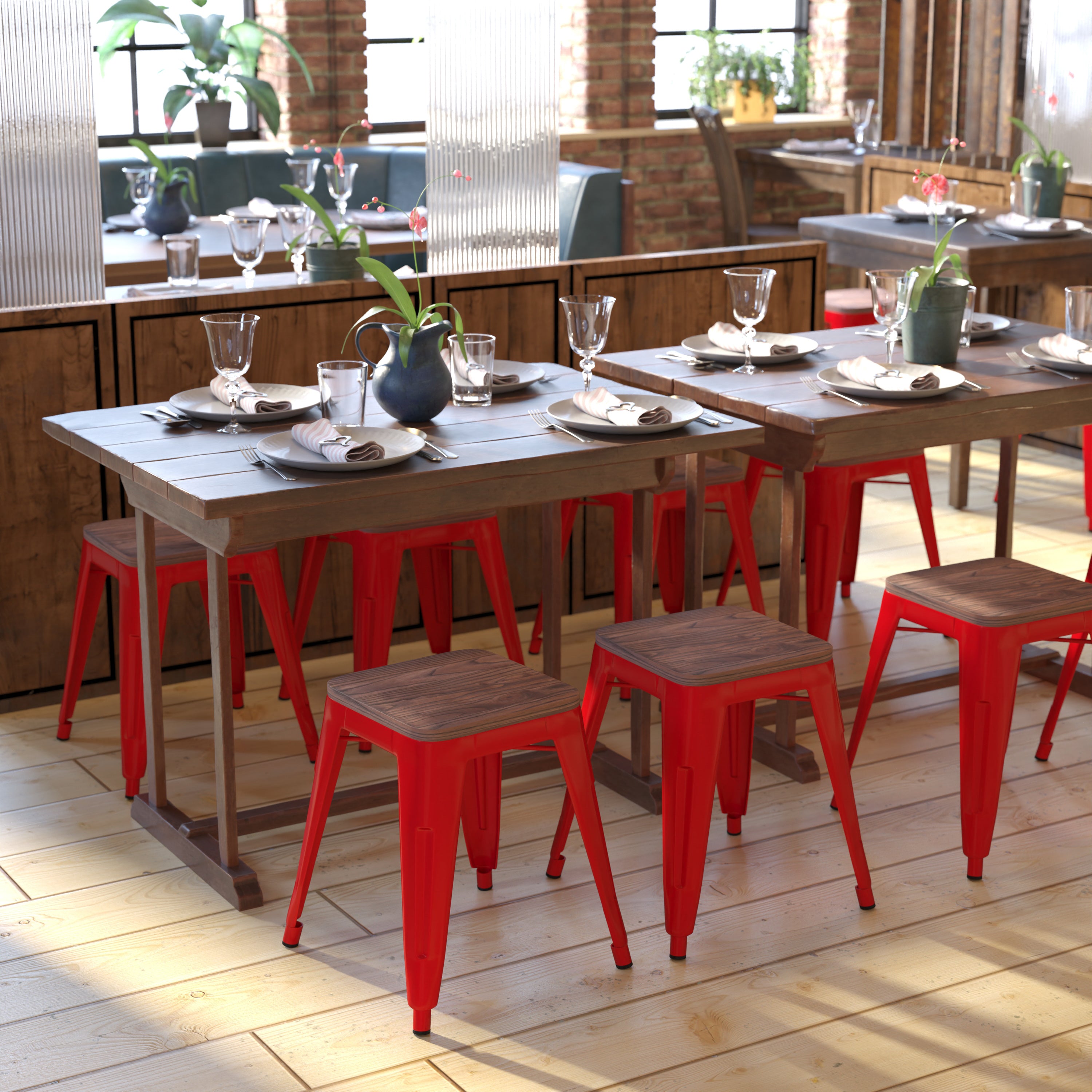Kai 18" Backless Table Height Stool with Wooden Seat, Stackable Red Metal Indoor Dining Stool, Commercial Grade - Set of 4