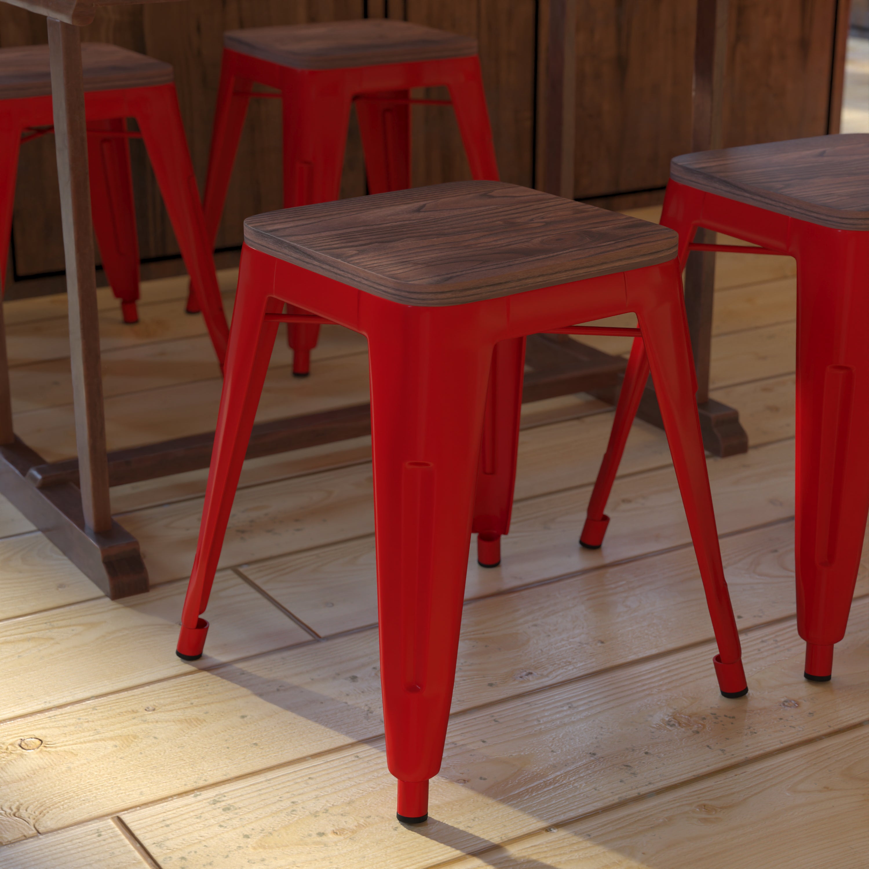 Kai 18" Backless Table Height Stool with Wooden Seat, Stackable Red Metal Indoor Dining Stool, Commercial Grade - Set of 4