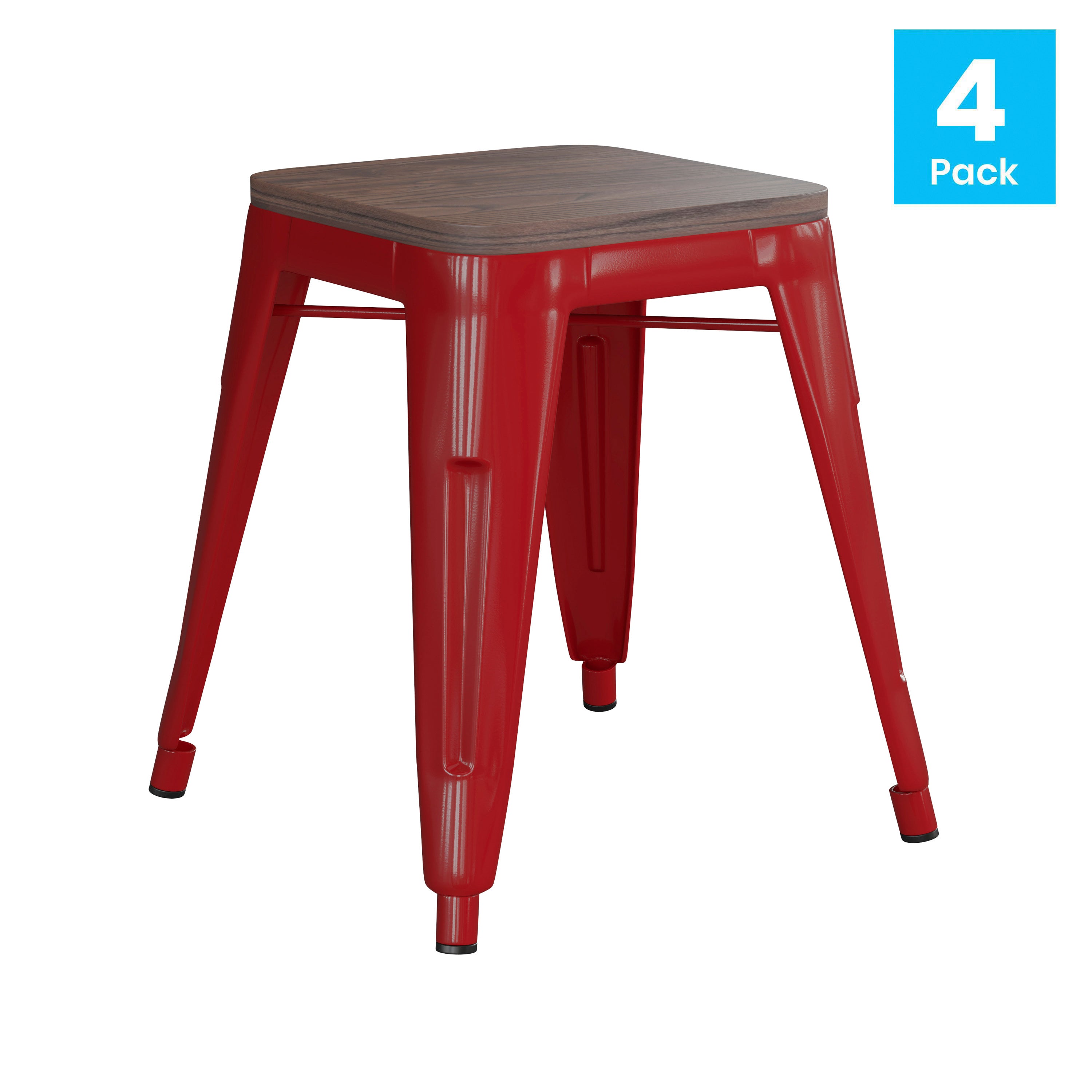 Kai 18" Backless Table Height Stool with Wooden Seat, Stackable Red Metal Indoor Dining Stool, Commercial Grade - Set of 4