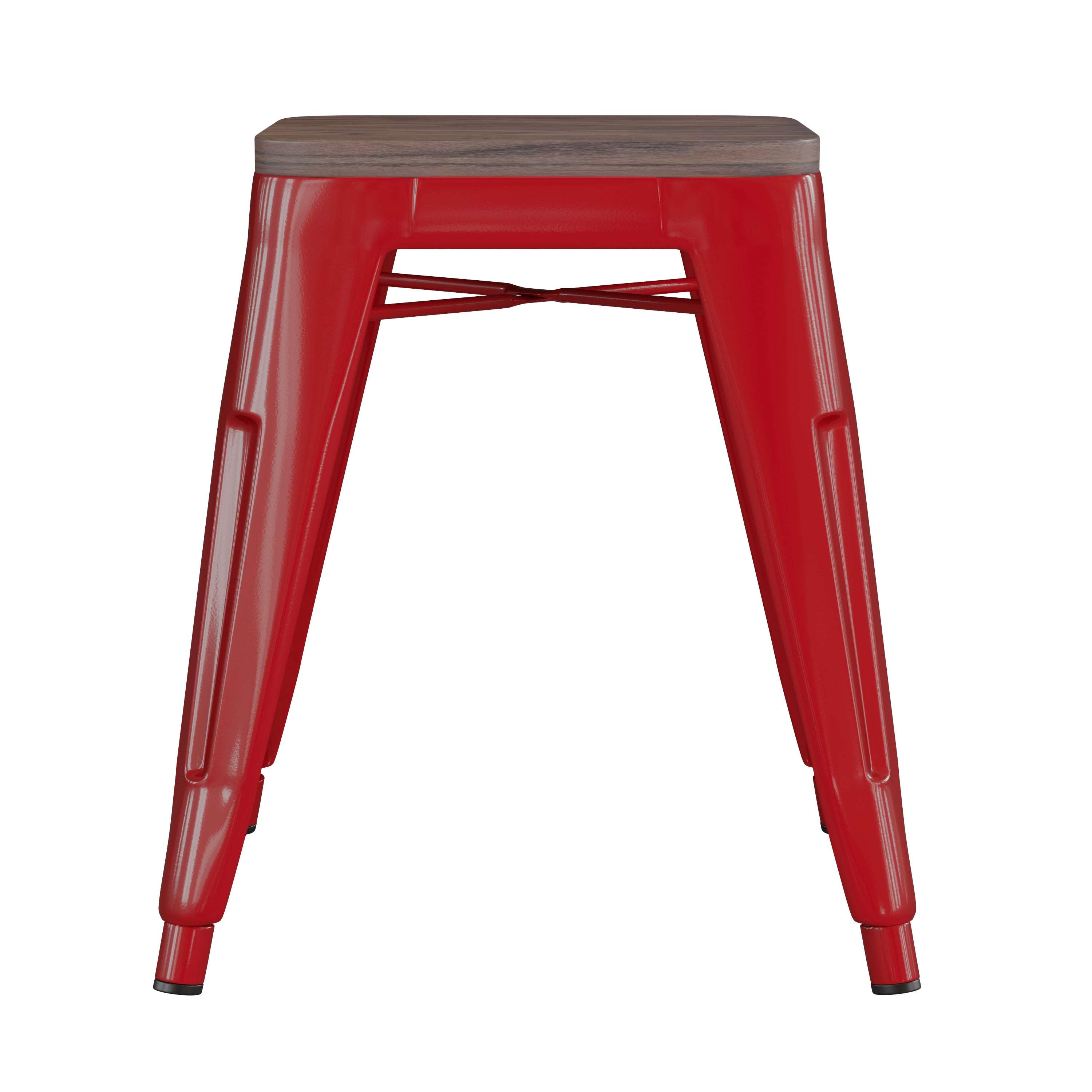 Kai 18" Backless Table Height Stool with Wooden Seat, Stackable Red Metal Indoor Dining Stool, Commercial Grade - Set of 4