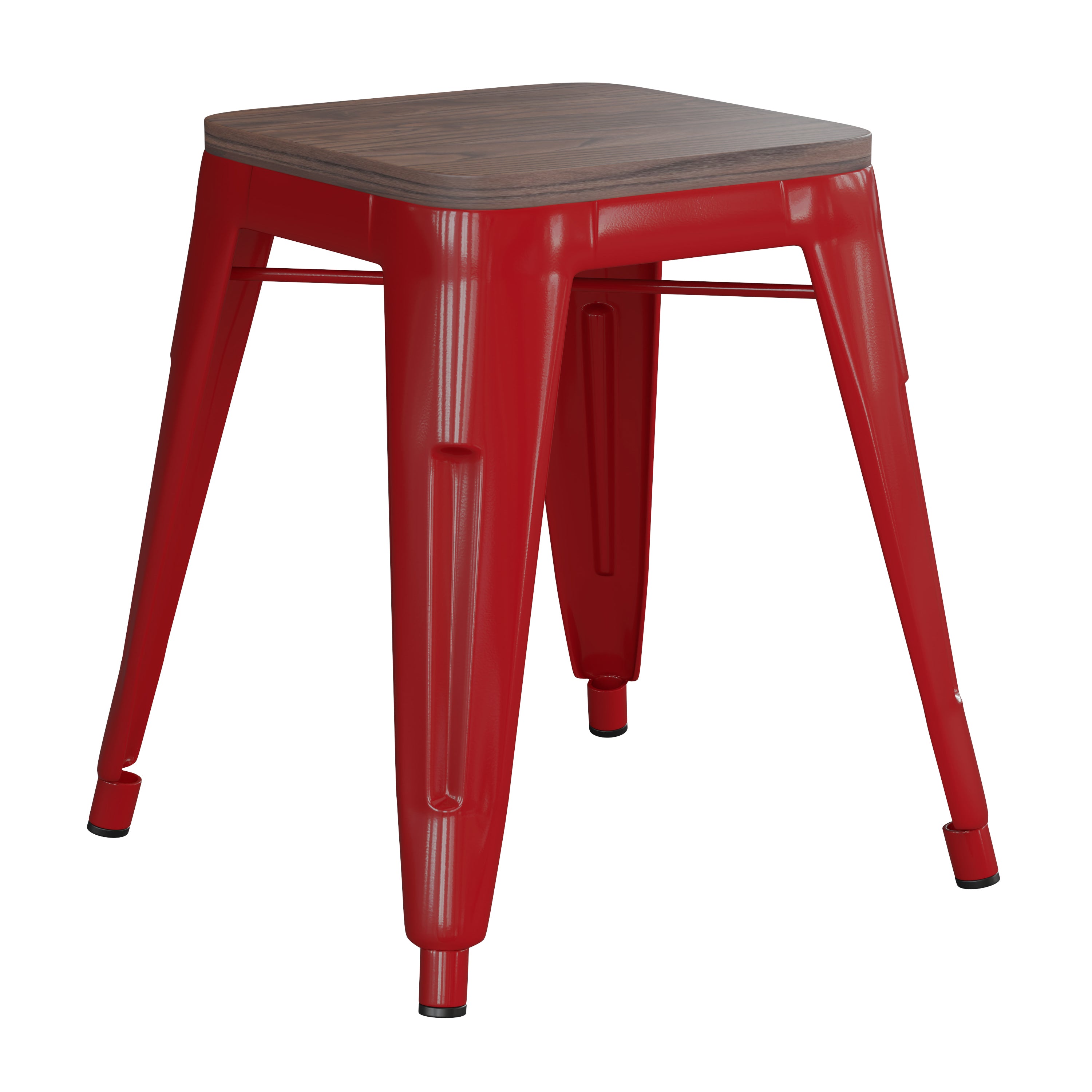 Kai 18" Backless Table Height Stool with Wooden Seat, Stackable Red Metal Indoor Dining Stool, Commercial Grade - Set of 4