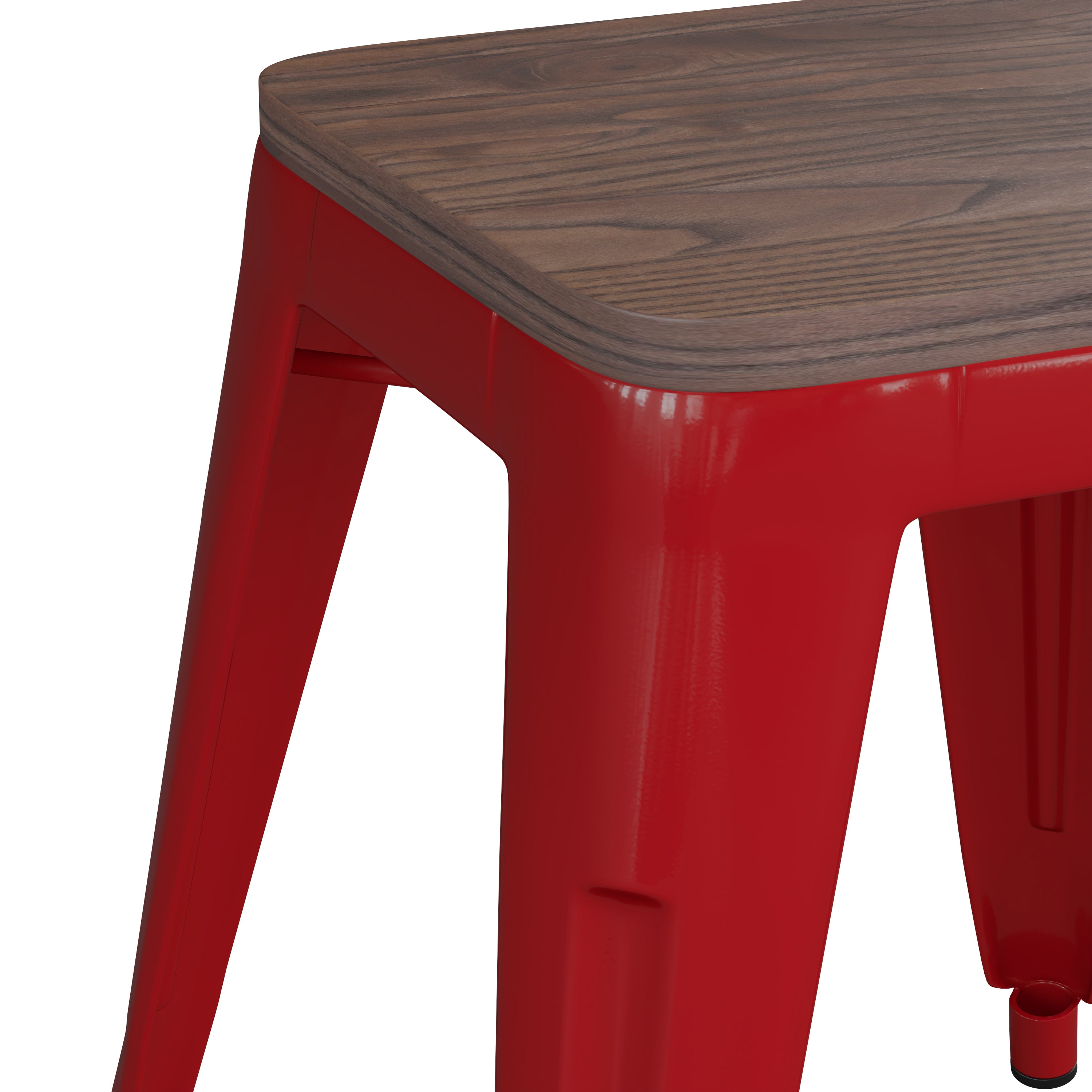 Kai 18" Backless Table Height Stool with Wooden Seat, Stackable Red Metal Indoor Dining Stool, Commercial Grade - Set of 4