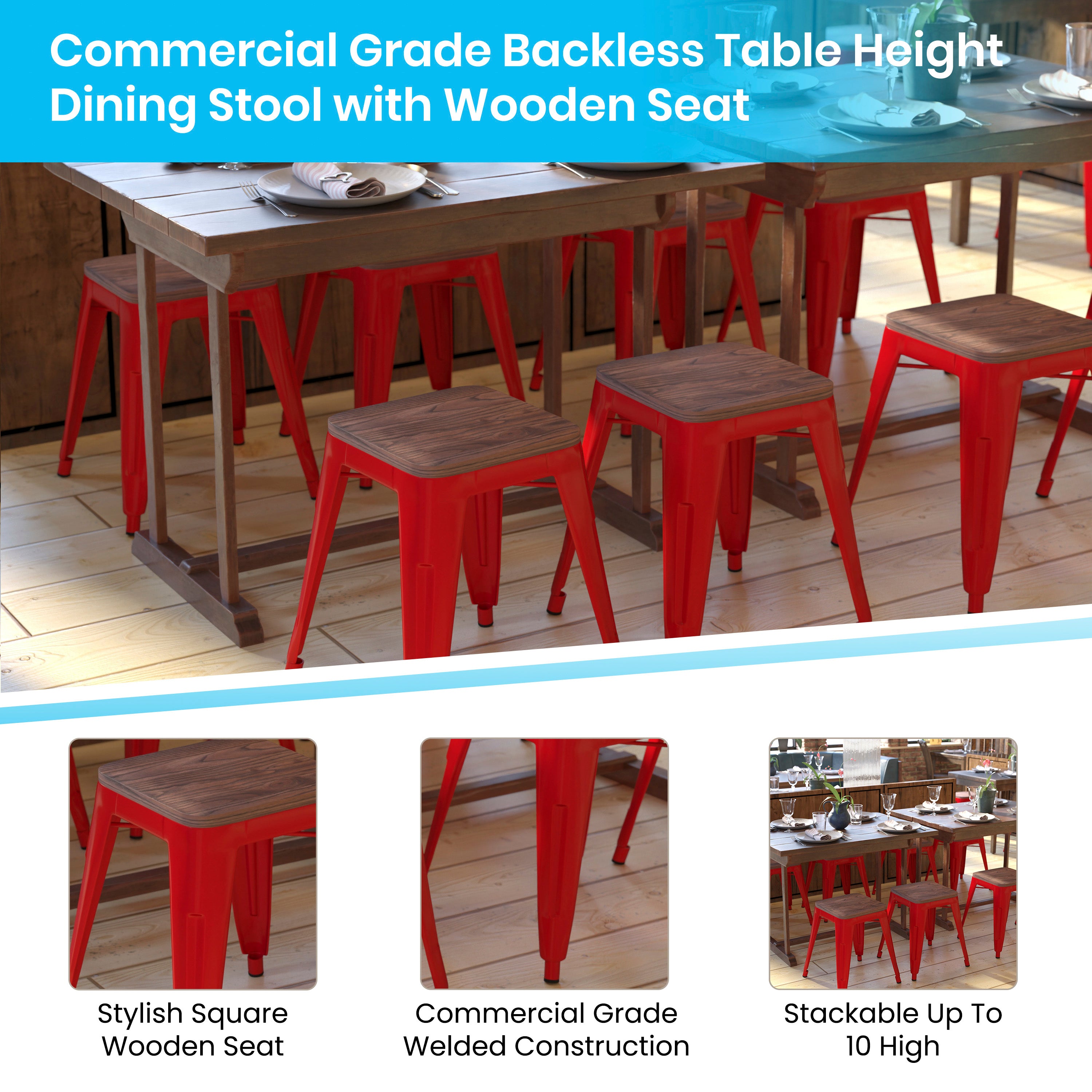 Kai 18" Backless Table Height Stool with Wooden Seat, Stackable Red Metal Indoor Dining Stool, Commercial Grade - Set of 4