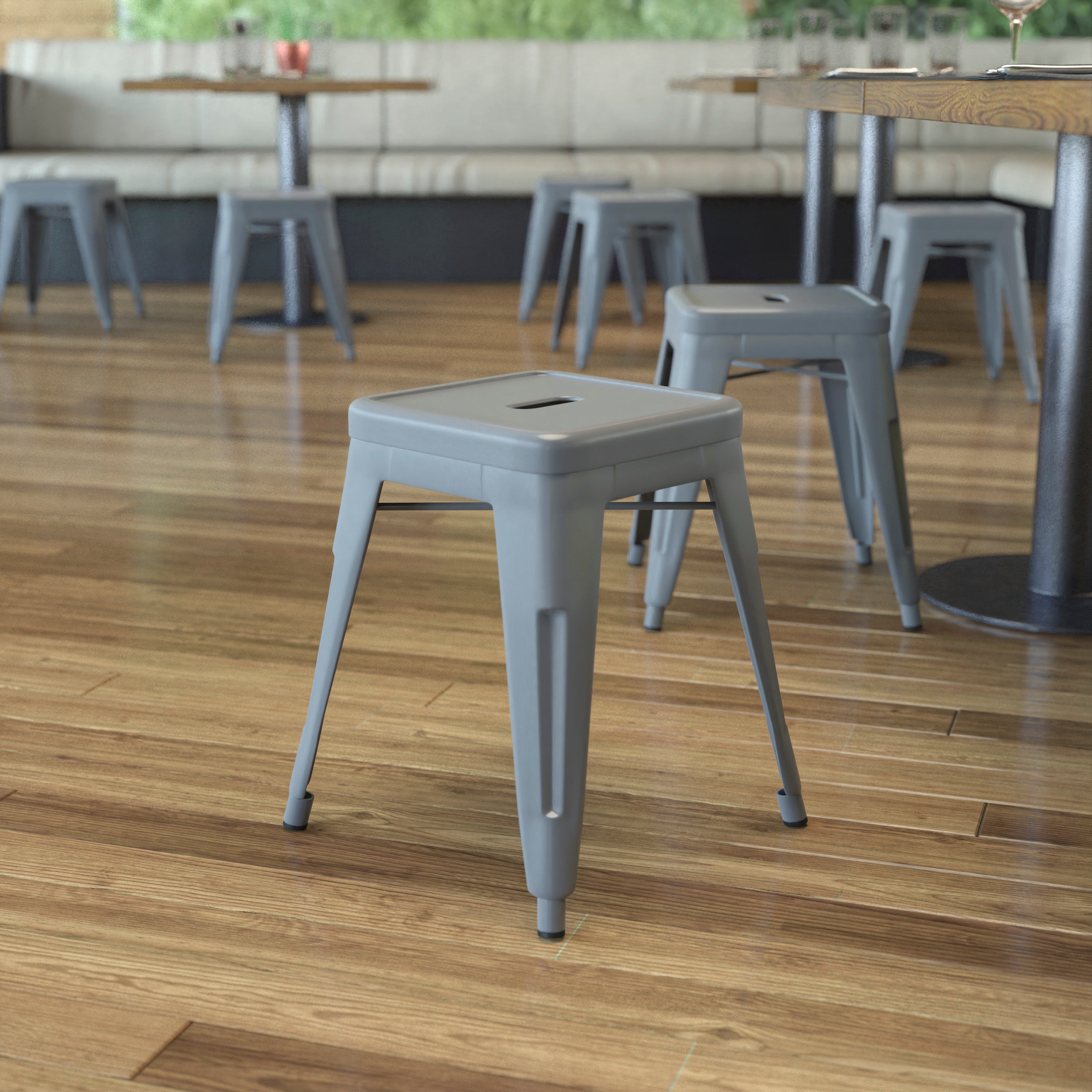 Kai 18" Table Height Stool, Stackable Backless Metal Indoor Dining Stool, Commercial Grade Restaurant Stool in Silver - Set of 4