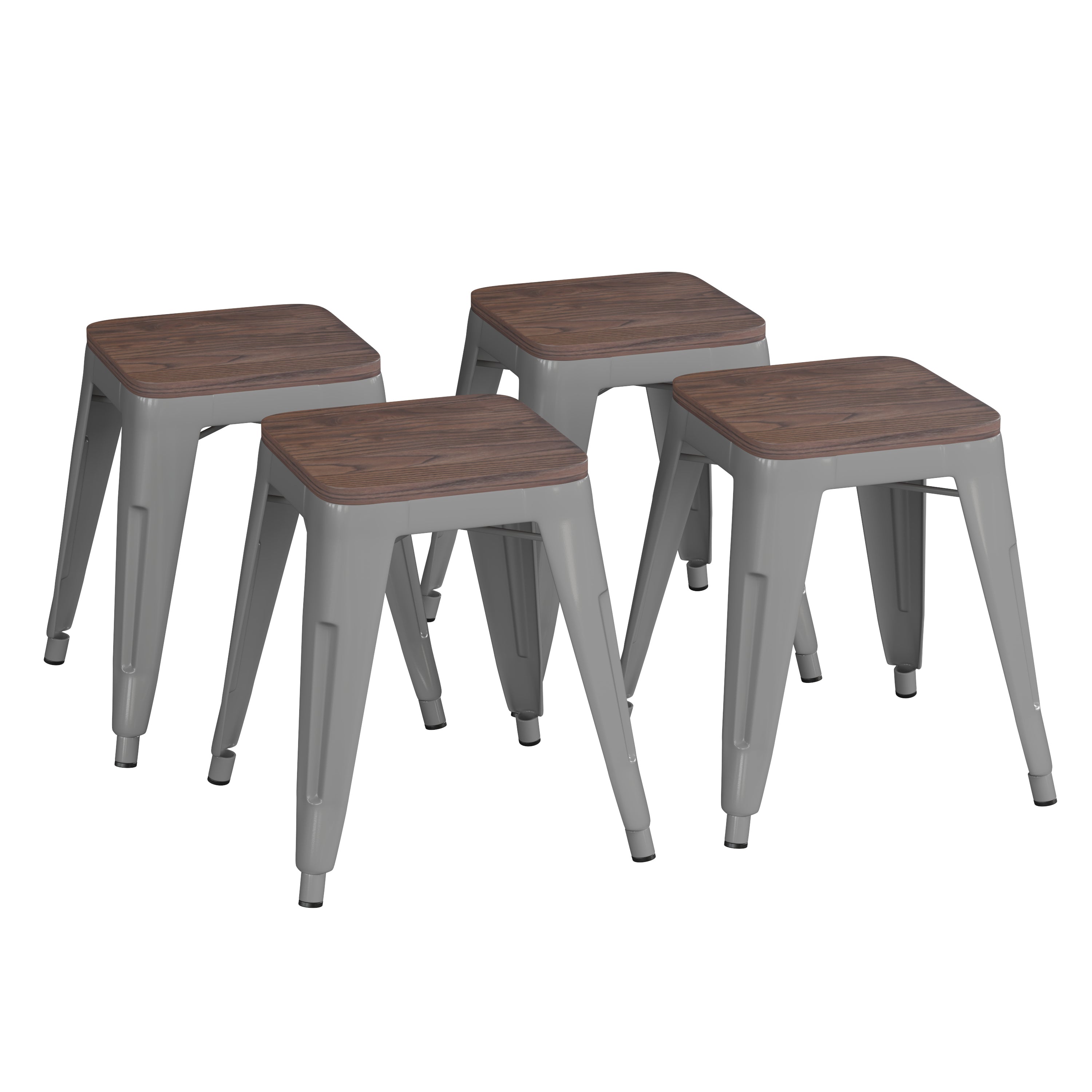 Kai 18" Backless Table Height Stool with Wooden Seat, Stackable Silver Metal Indoor Dining Stool, Commercial Grade - Set of 4