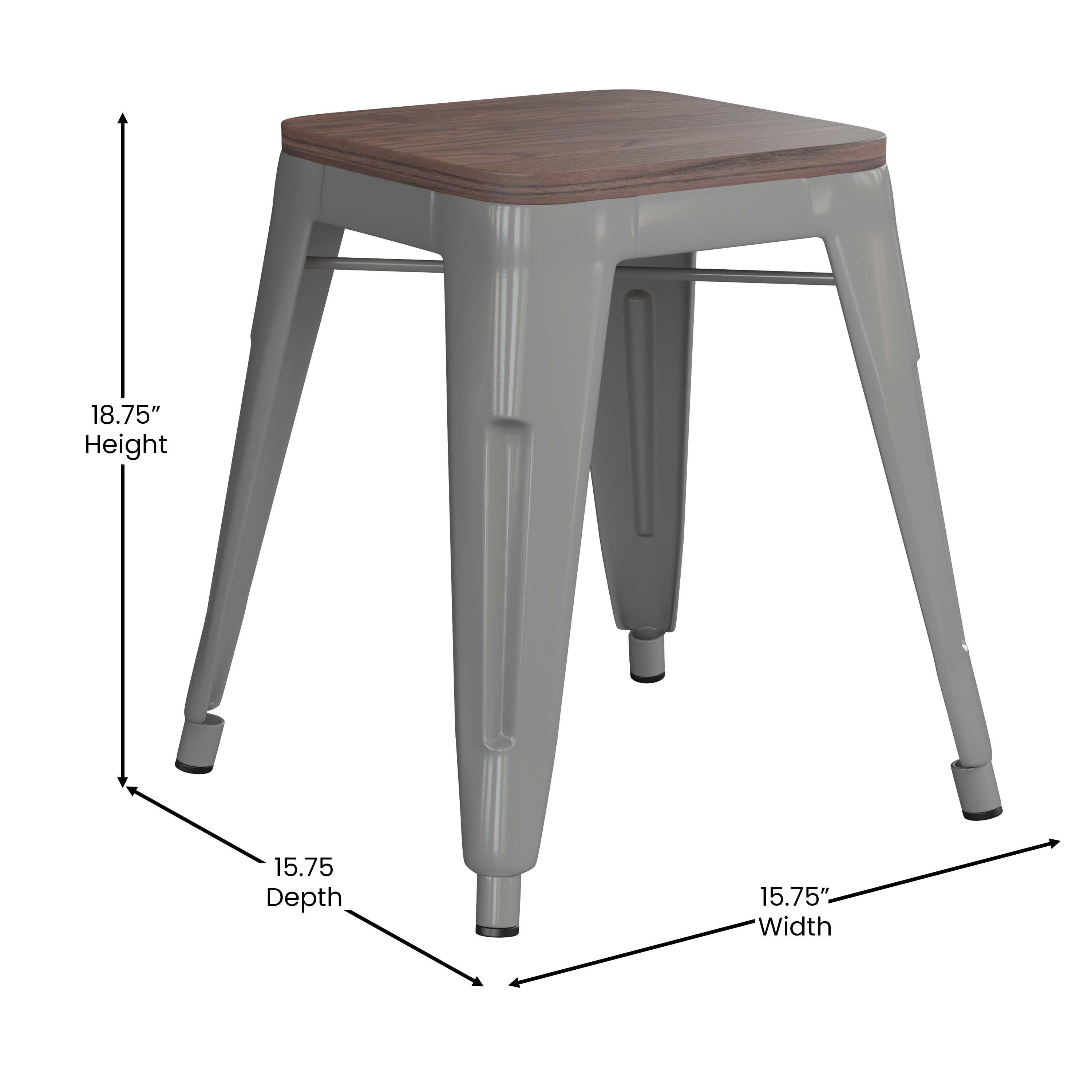 Kai 18" Backless Table Height Stool with Wooden Seat, Stackable Silver Metal Indoor Dining Stool, Commercial Grade - Set of 4