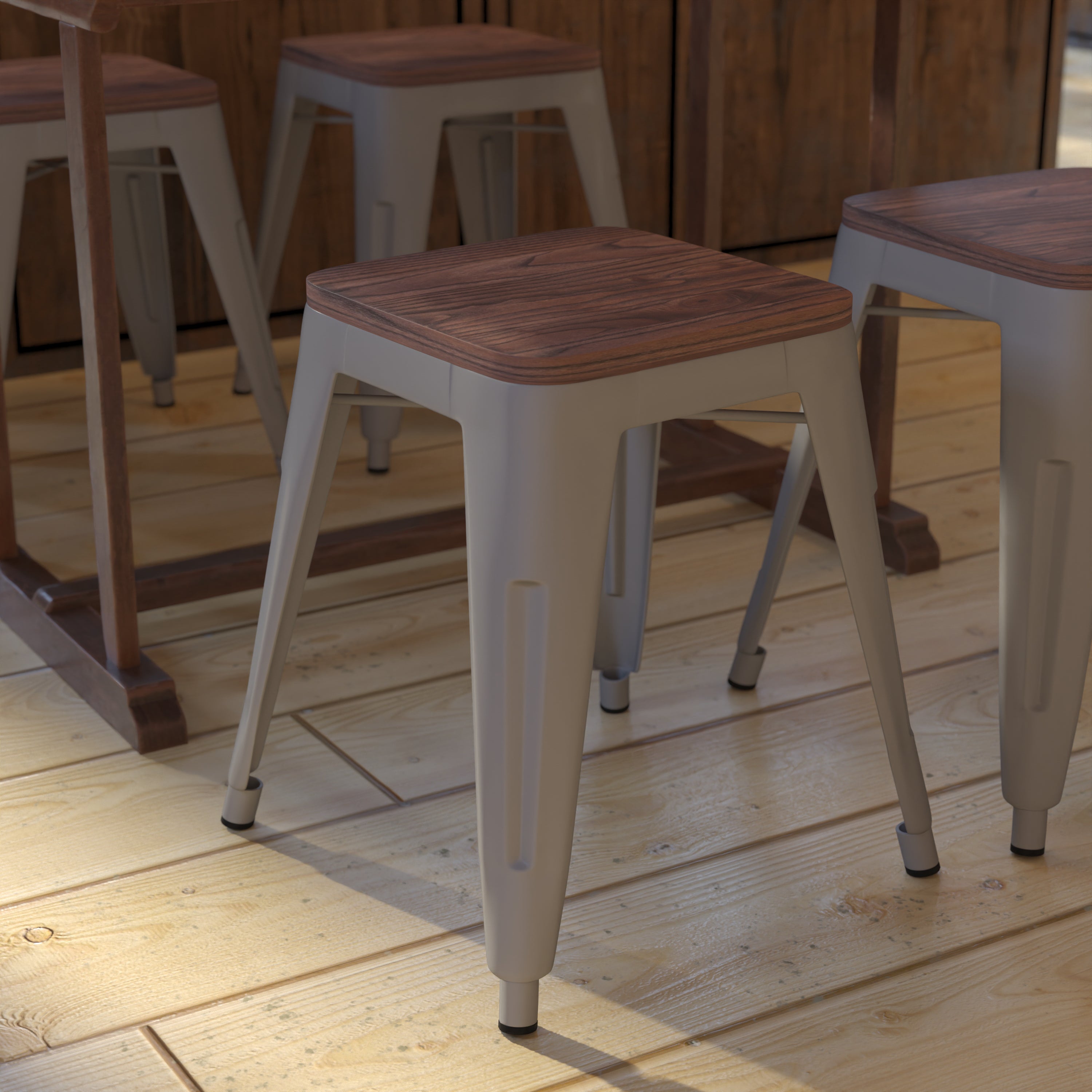 Kai 18" Backless Table Height Stool with Wooden Seat, Stackable Silver Metal Indoor Dining Stool, Commercial Grade - Set of 4