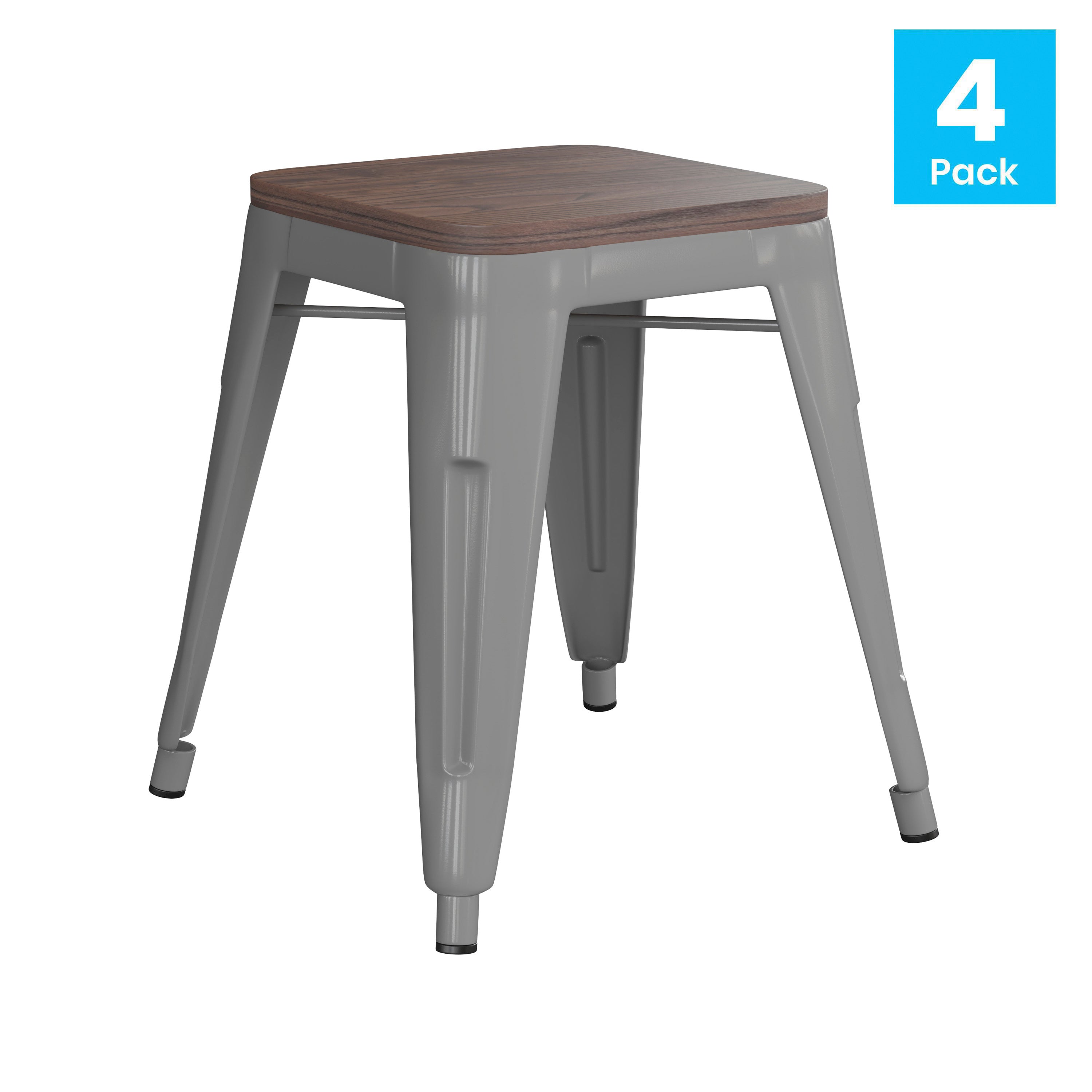 Kai 18" Backless Table Height Stool with Wooden Seat, Stackable Silver Metal Indoor Dining Stool, Commercial Grade - Set of 4