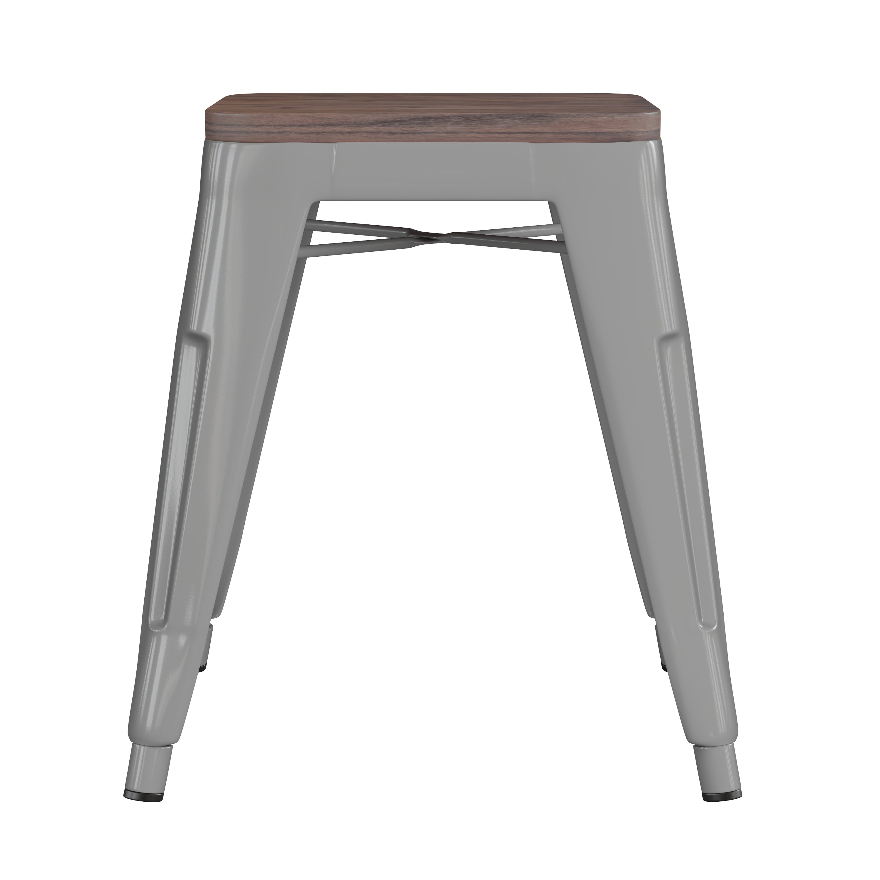 Kai 18" Backless Table Height Stool with Wooden Seat, Stackable Silver Metal Indoor Dining Stool, Commercial Grade - Set of 4