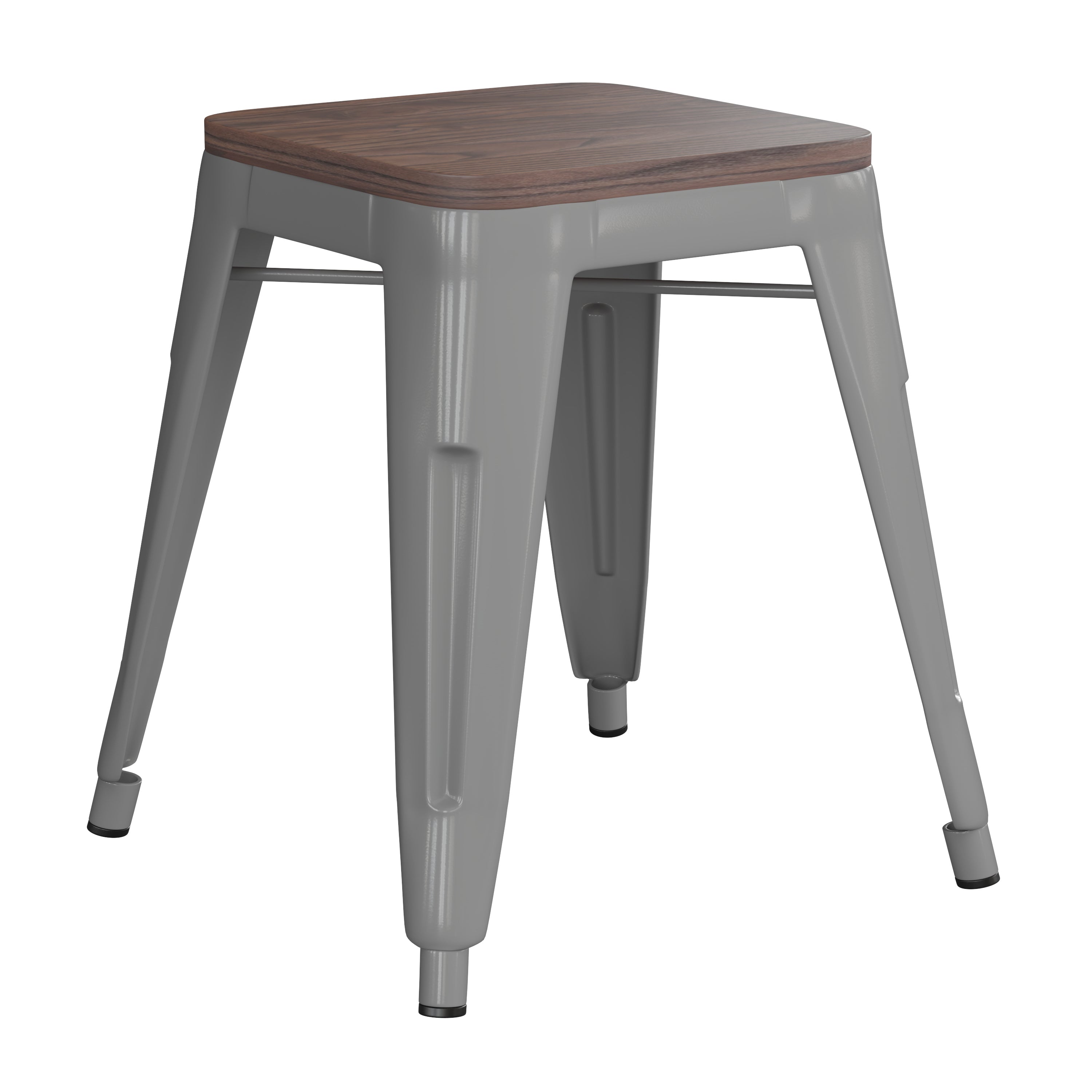 Kai 18" Backless Table Height Stool with Wooden Seat, Stackable Silver Metal Indoor Dining Stool, Commercial Grade - Set of 4