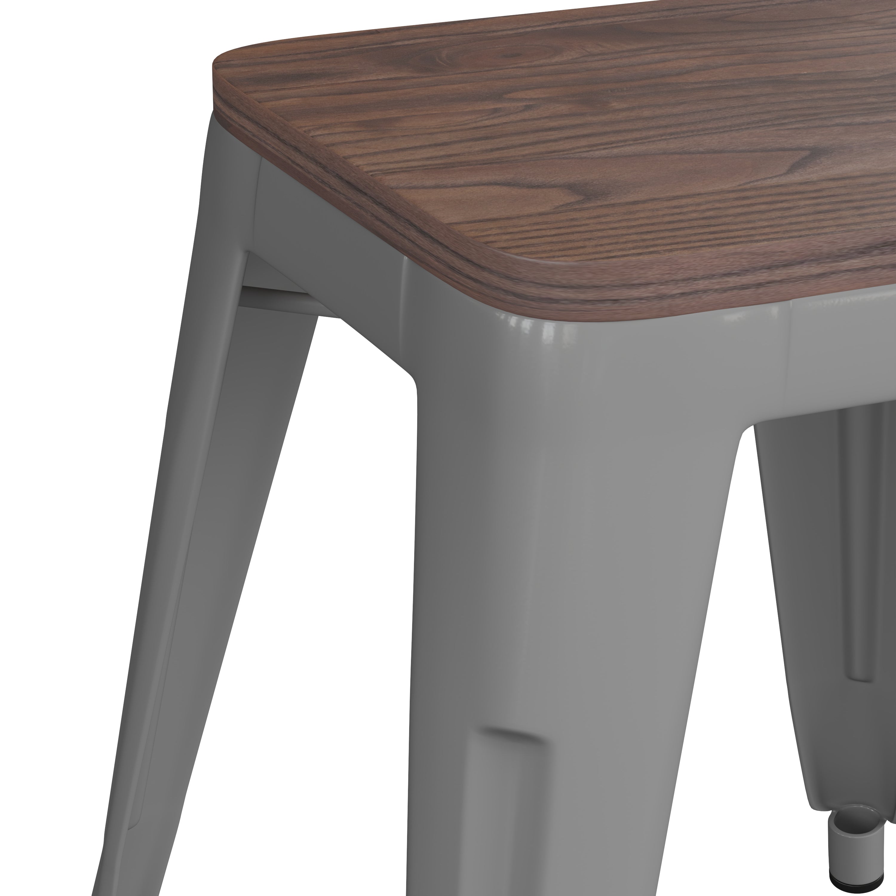Kai 18" Backless Table Height Stool with Wooden Seat, Stackable Silver Metal Indoor Dining Stool, Commercial Grade - Set of 4