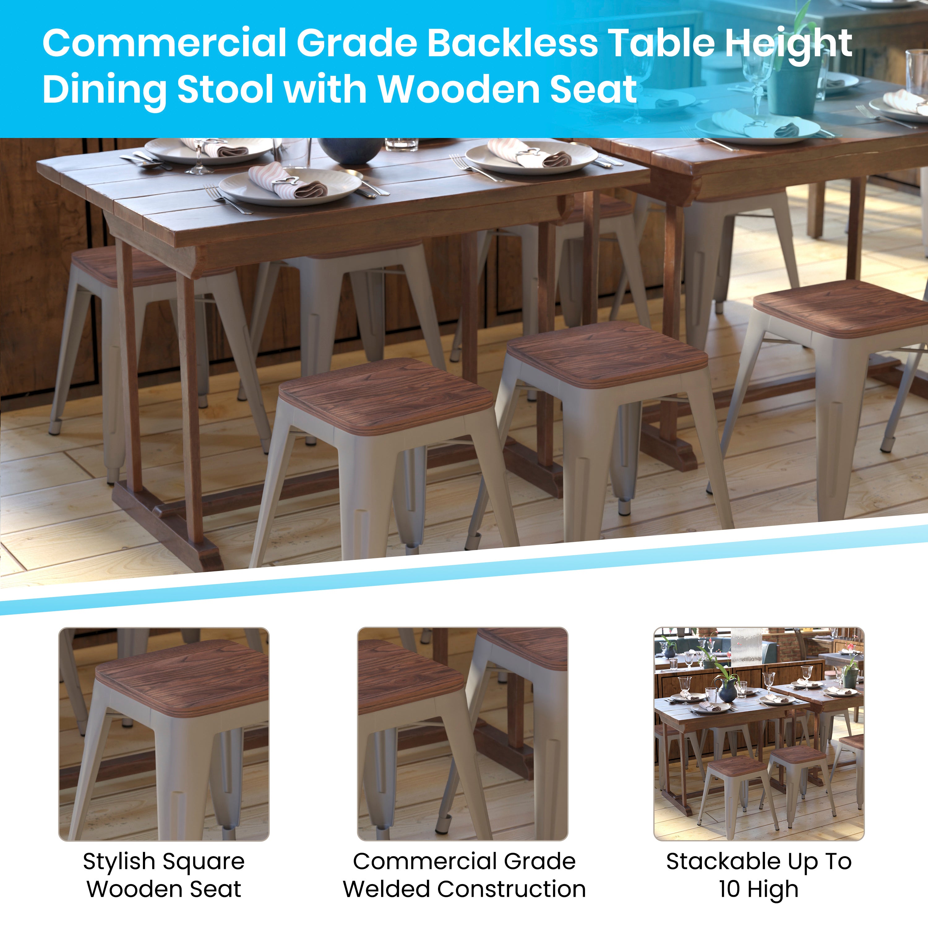Kai 18" Backless Table Height Stool with Wooden Seat, Stackable Silver Metal Indoor Dining Stool, Commercial Grade - Set of 4