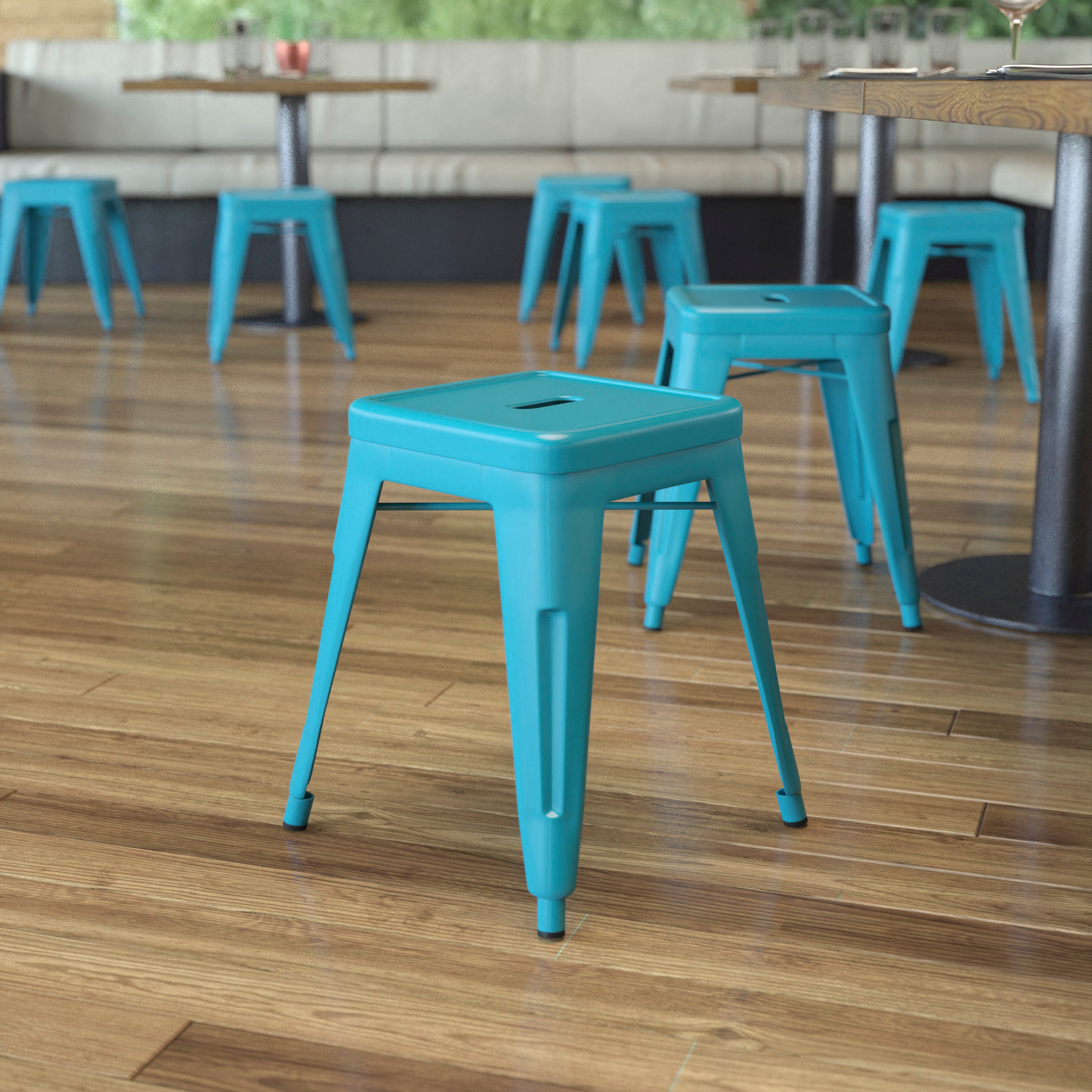 Kai 18" Table Height Stool, Stackable Backless Metal Indoor Dining Stool, Commercial Grade Restaurant Stool in Teal - Set of 4
