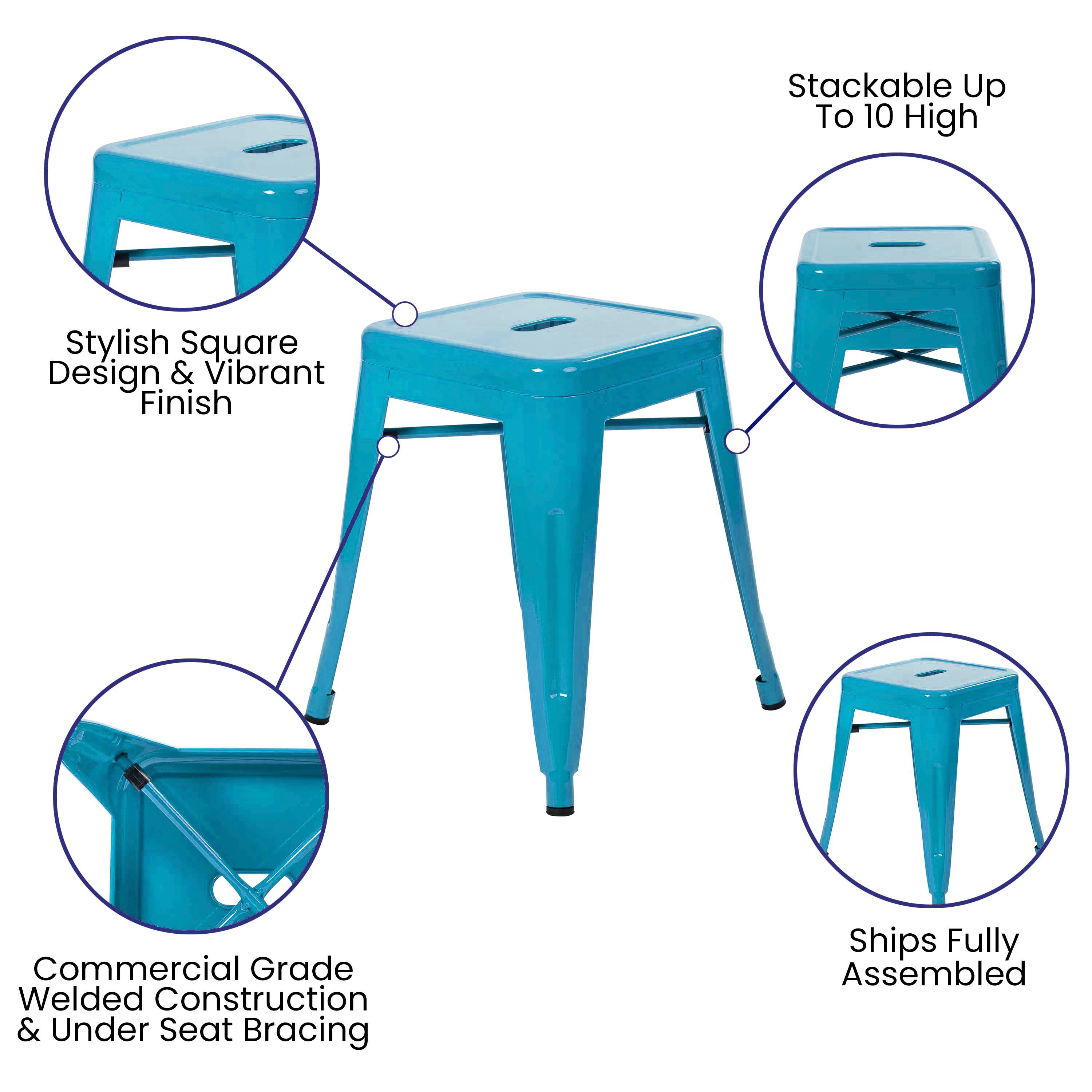 Kai 18" Table Height Stool, Stackable Backless Metal Indoor Dining Stool, Commercial Grade Restaurant Stool in Teal - Set of 4