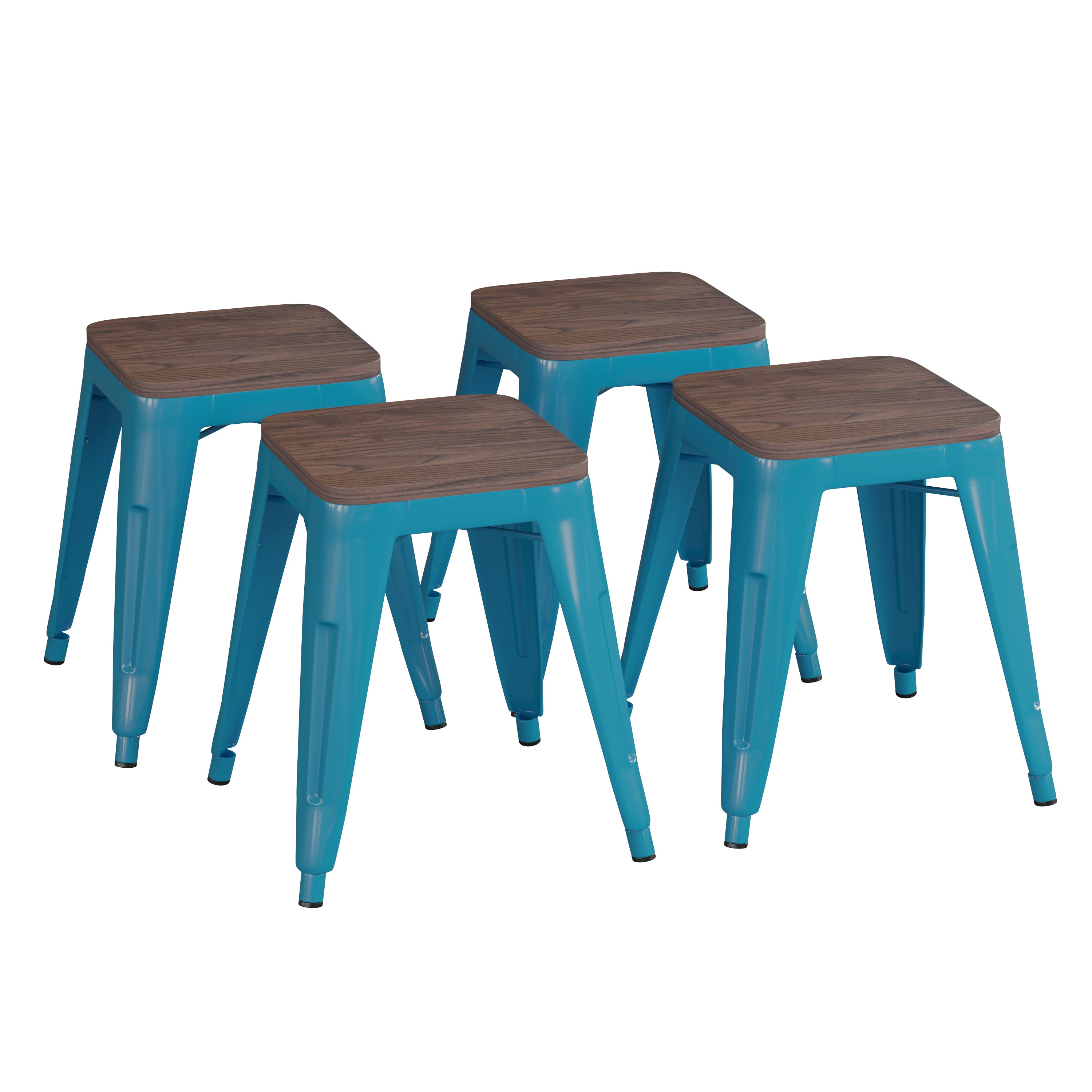 Kai 18" Backless Table Height Stool with Wooden Seat, Stackable Teal Metal Indoor Dining Stool, Commercial Grade - Set of 4