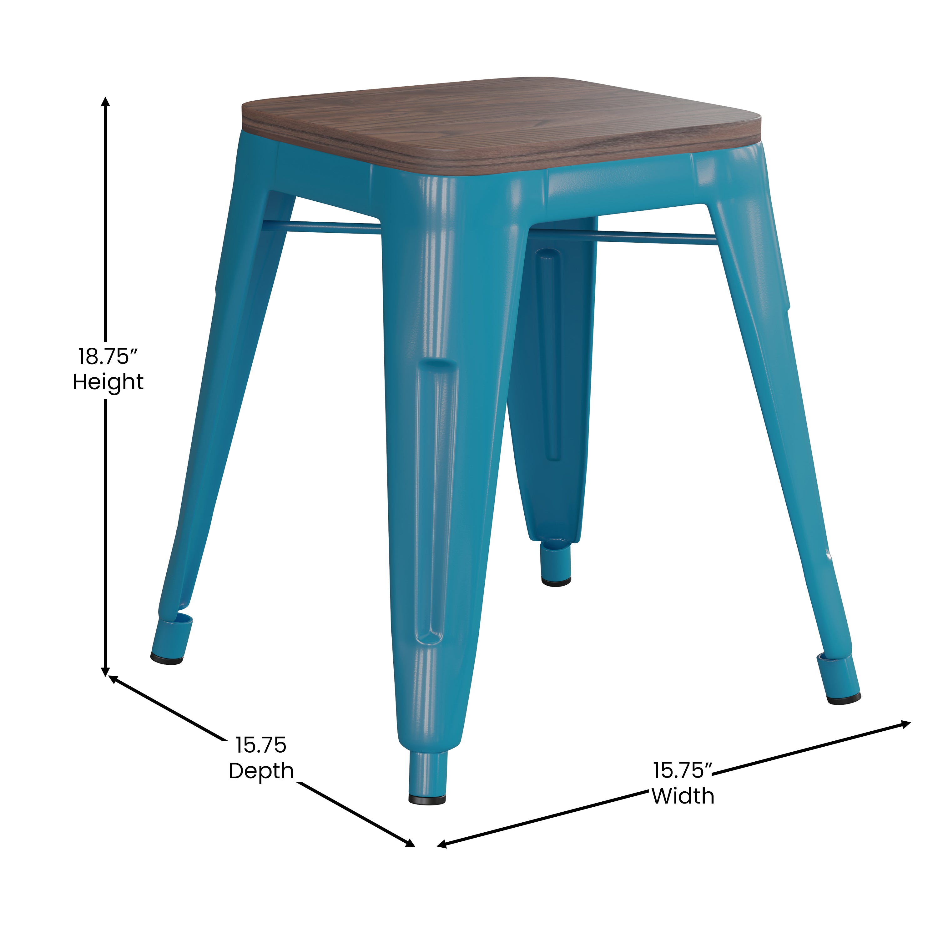 Kai 18" Backless Table Height Stool with Wooden Seat, Stackable Teal Metal Indoor Dining Stool, Commercial Grade - Set of 4