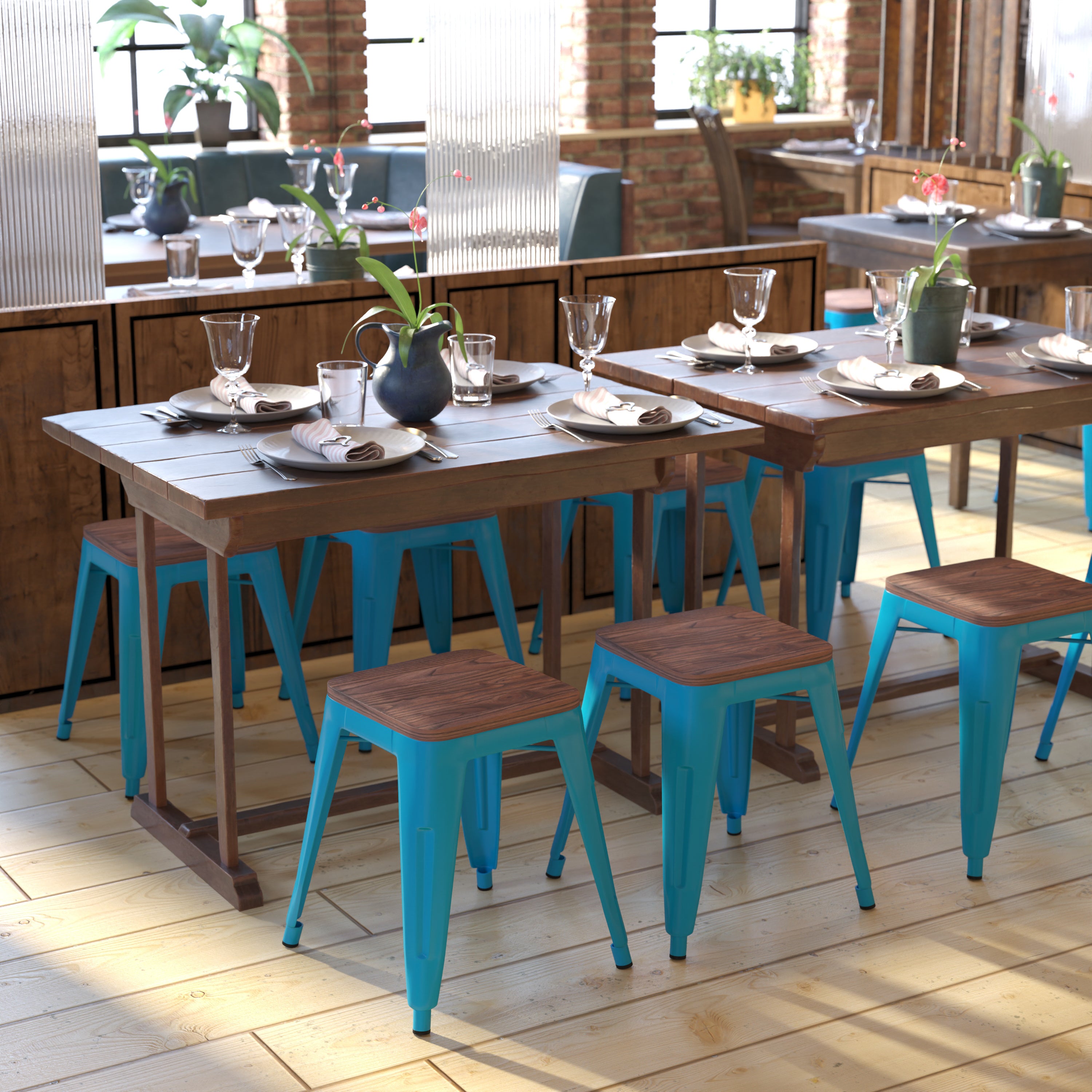 Kai 18" Backless Table Height Stool with Wooden Seat, Stackable Teal Metal Indoor Dining Stool, Commercial Grade - Set of 4