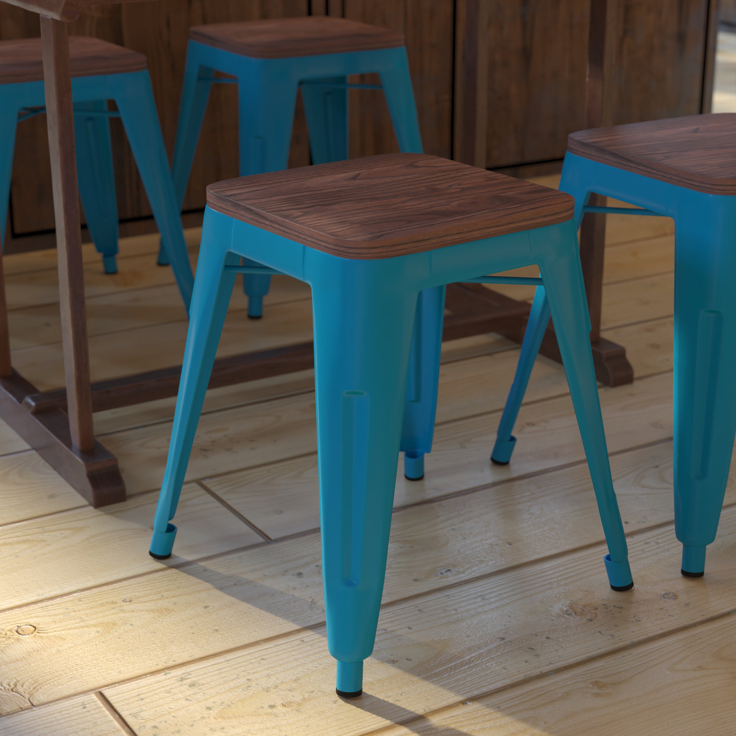 Kai 18" Backless Table Height Stool with Wooden Seat, Stackable Teal Metal Indoor Dining Stool, Commercial Grade - Set of 4