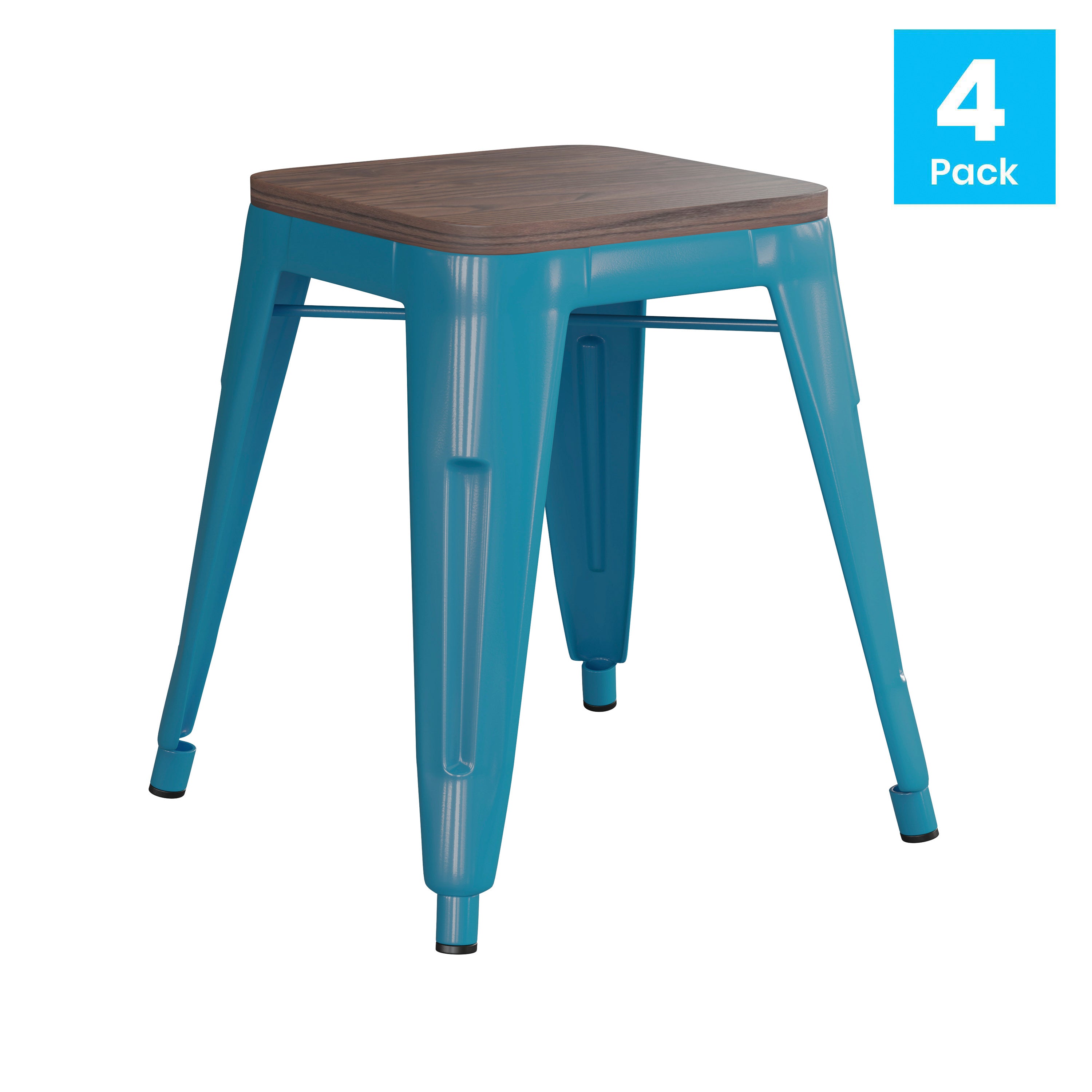Kai 18" Backless Table Height Stool with Wooden Seat, Stackable Teal Metal Indoor Dining Stool, Commercial Grade - Set of 4