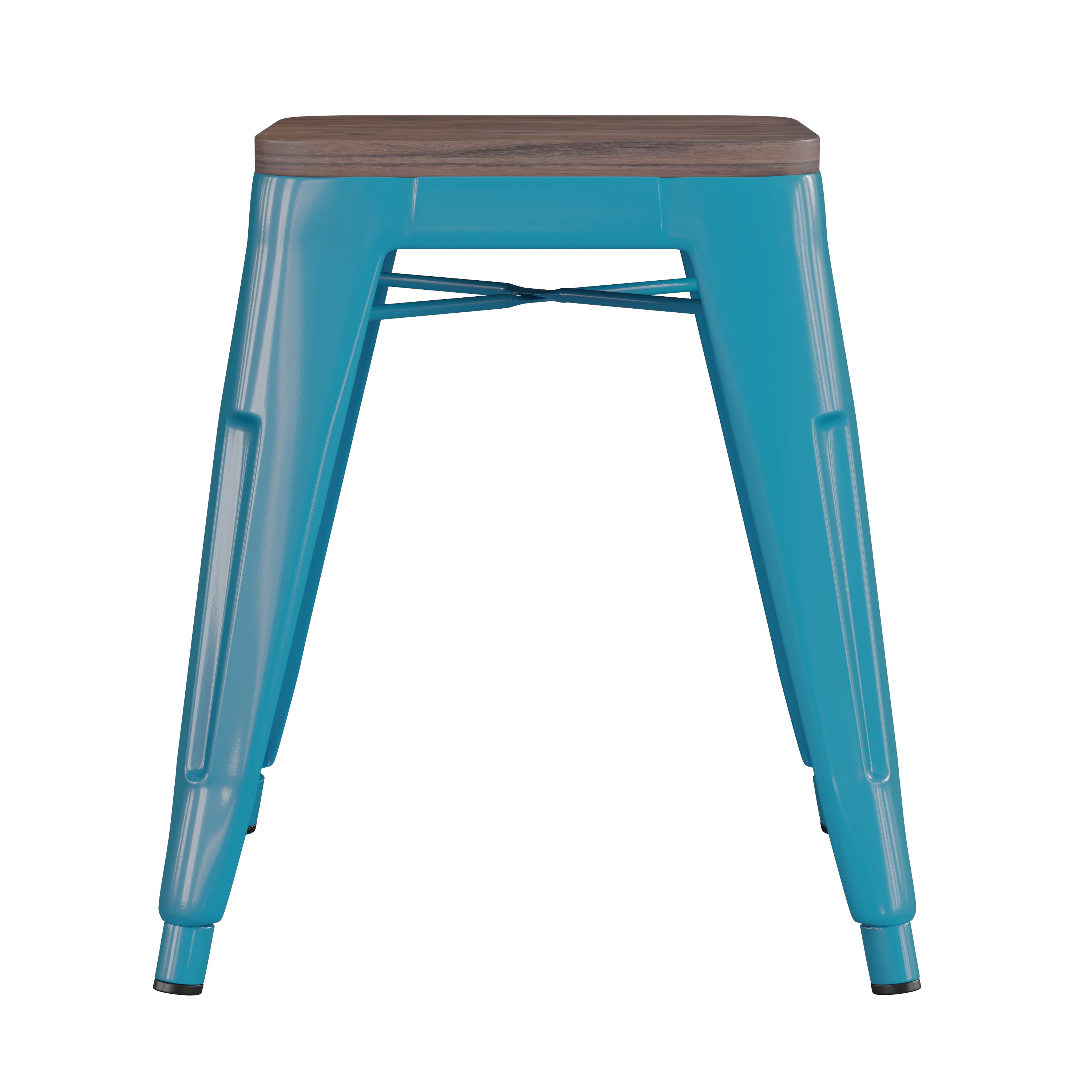 Kai 18" Backless Table Height Stool with Wooden Seat, Stackable Teal Metal Indoor Dining Stool, Commercial Grade - Set of 4