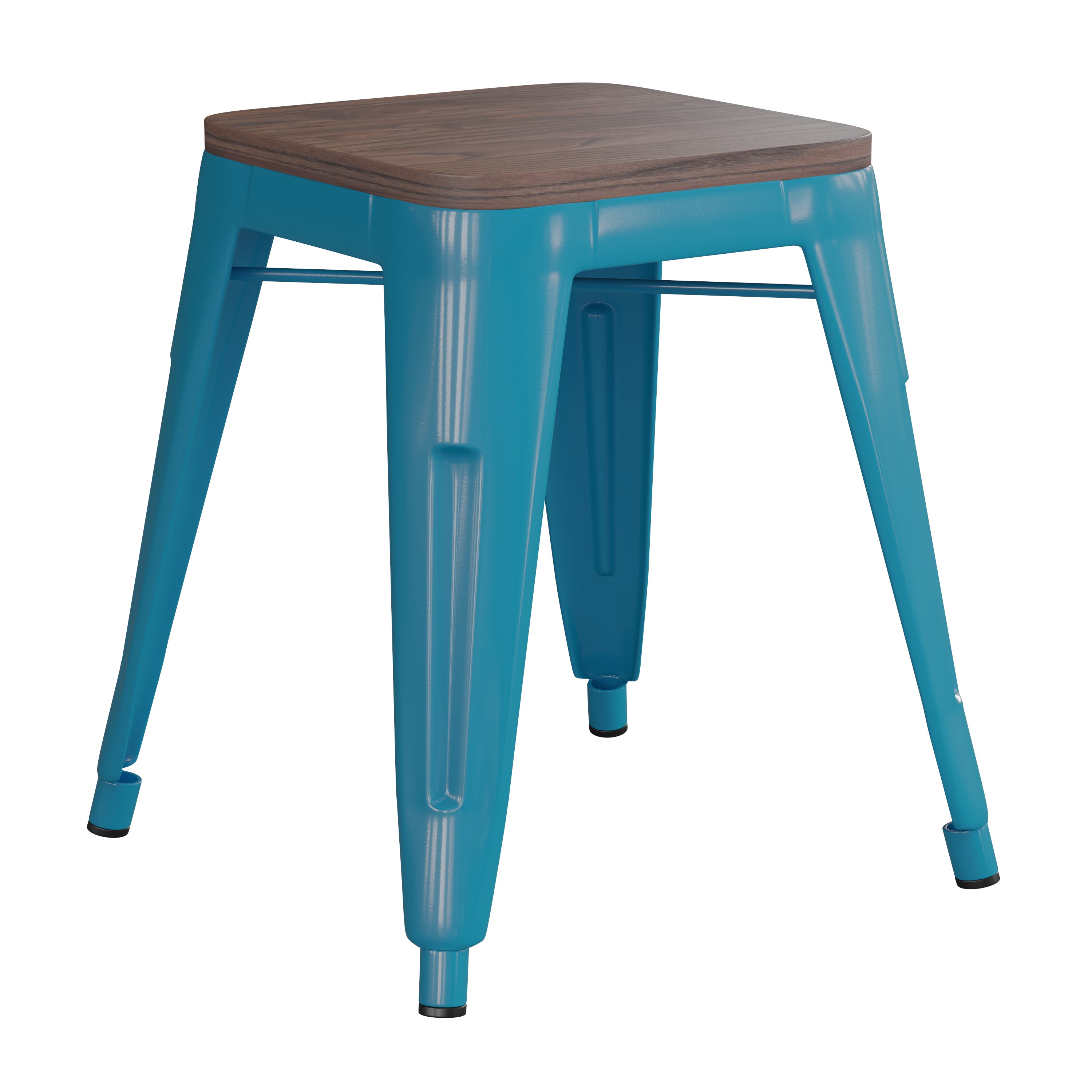 Kai 18" Backless Table Height Stool with Wooden Seat, Stackable Teal Metal Indoor Dining Stool, Commercial Grade - Set of 4