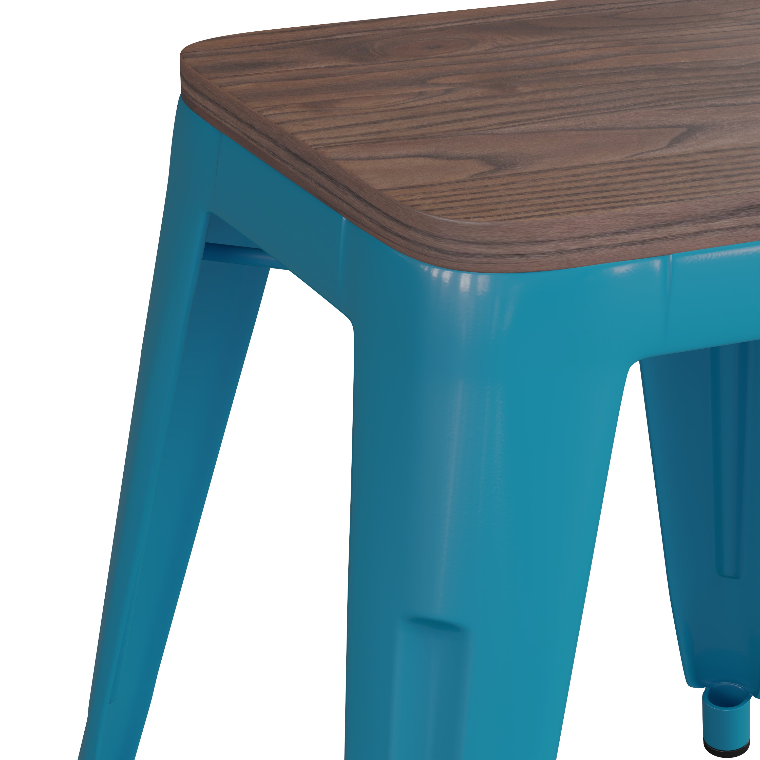 Kai 18" Backless Table Height Stool with Wooden Seat, Stackable Teal Metal Indoor Dining Stool, Commercial Grade - Set of 4