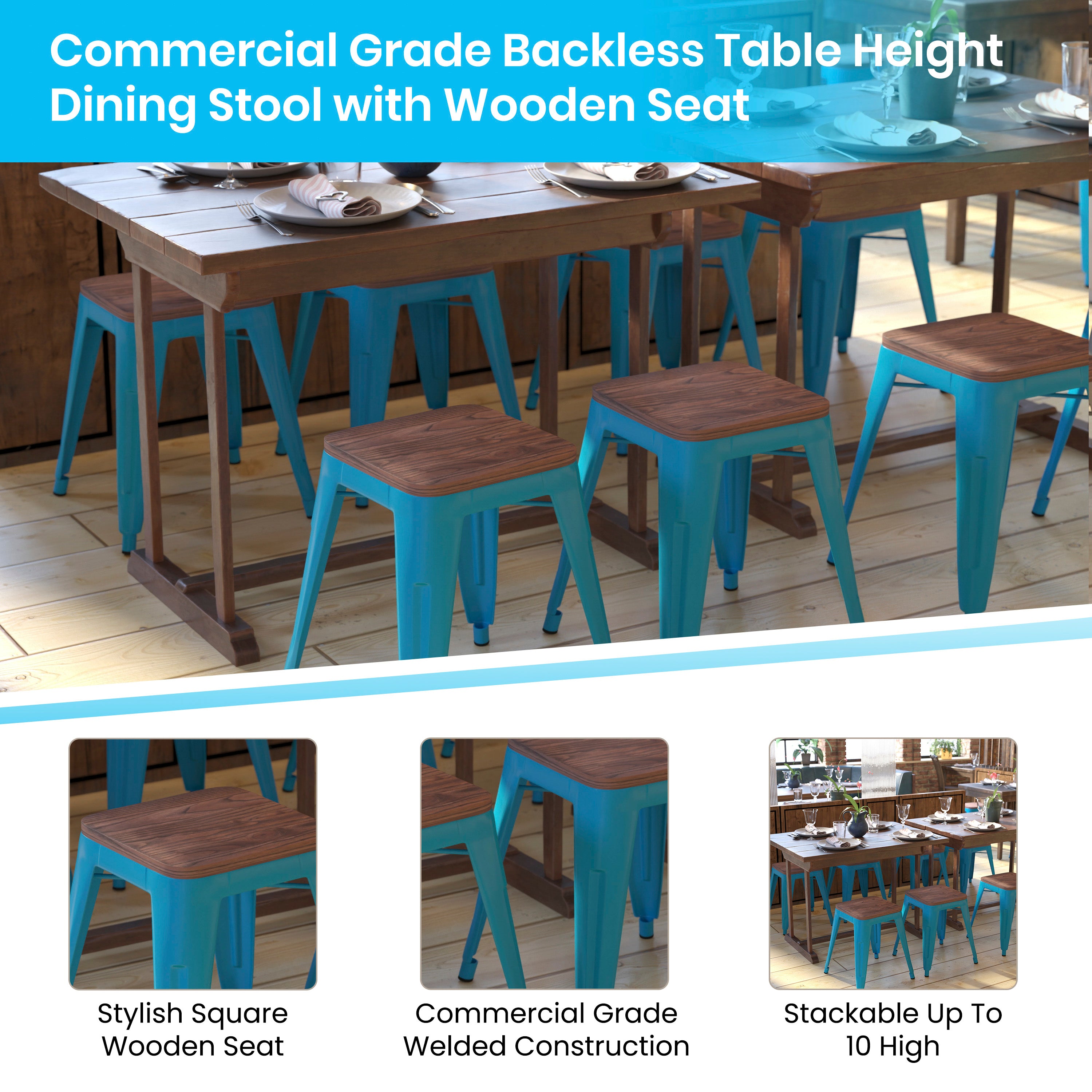 Kai 18" Backless Table Height Stool with Wooden Seat, Stackable Teal Metal Indoor Dining Stool, Commercial Grade - Set of 4